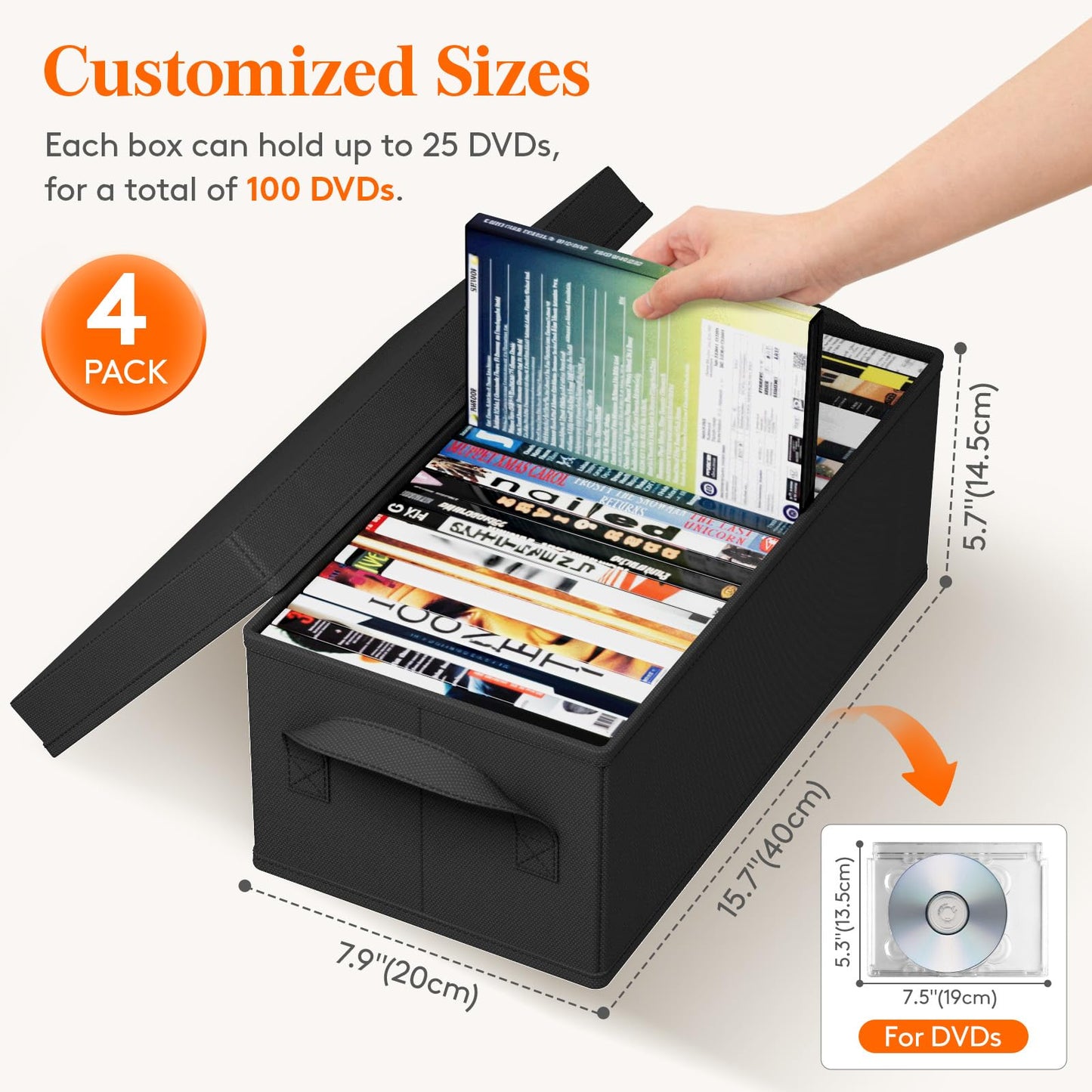 Lifewit DVD Storage Box, Stackable DVD Case Holder Organizer, Foldable DVDs Container with Lid, Handles, Media Organizer Bin 15.7" L x 7.9" W x 5.7" H Holds up to 100 PCS DVDs (25 Each), 4 Pack