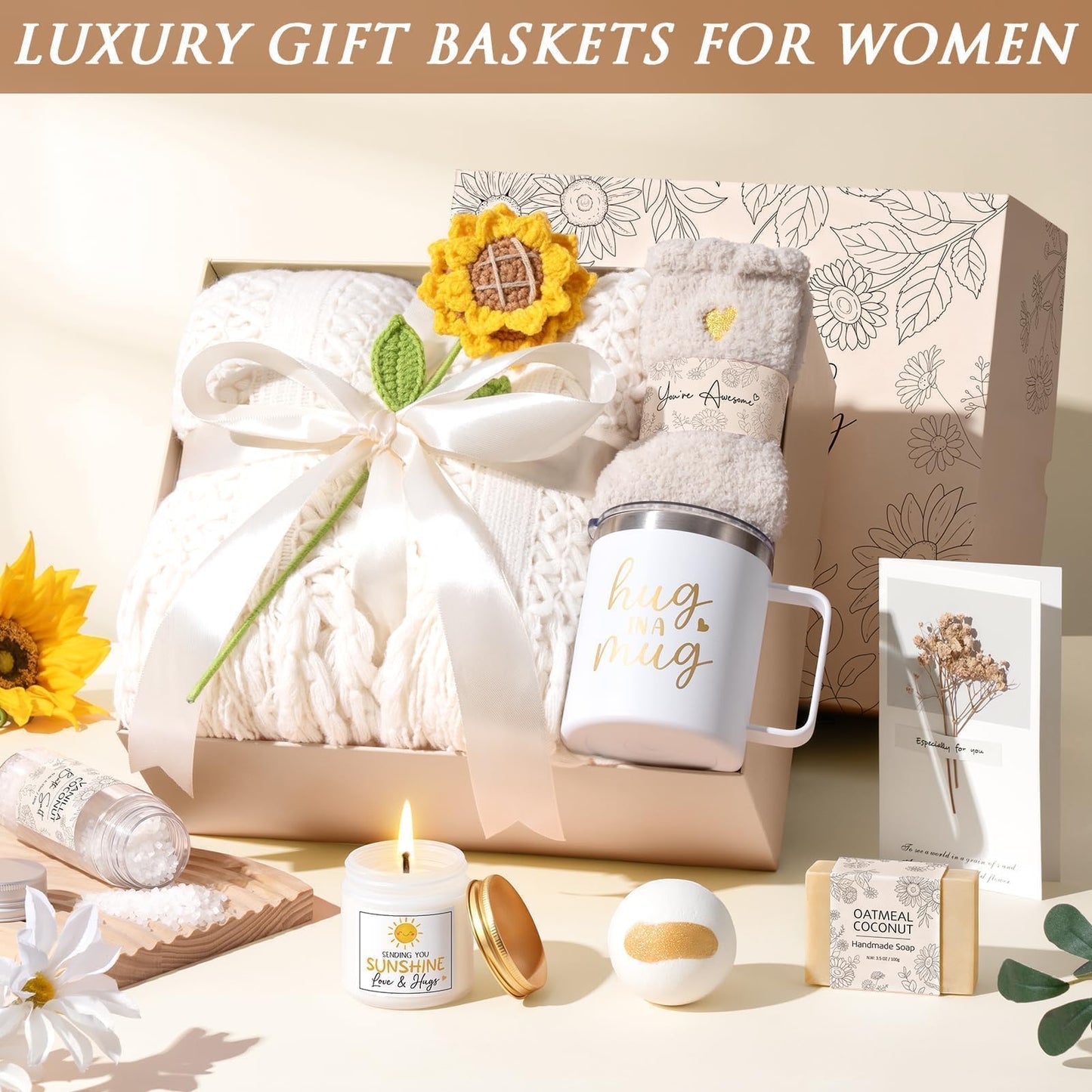 Birthday Gifts for Women Self Care Get Well Soon Gift Baskets, Spa Care Package Thinking of You Gifts, Sending Sunshine Box Unique Christmas Sunflower Gift for Women Mom Her Best Friends Sister Wife