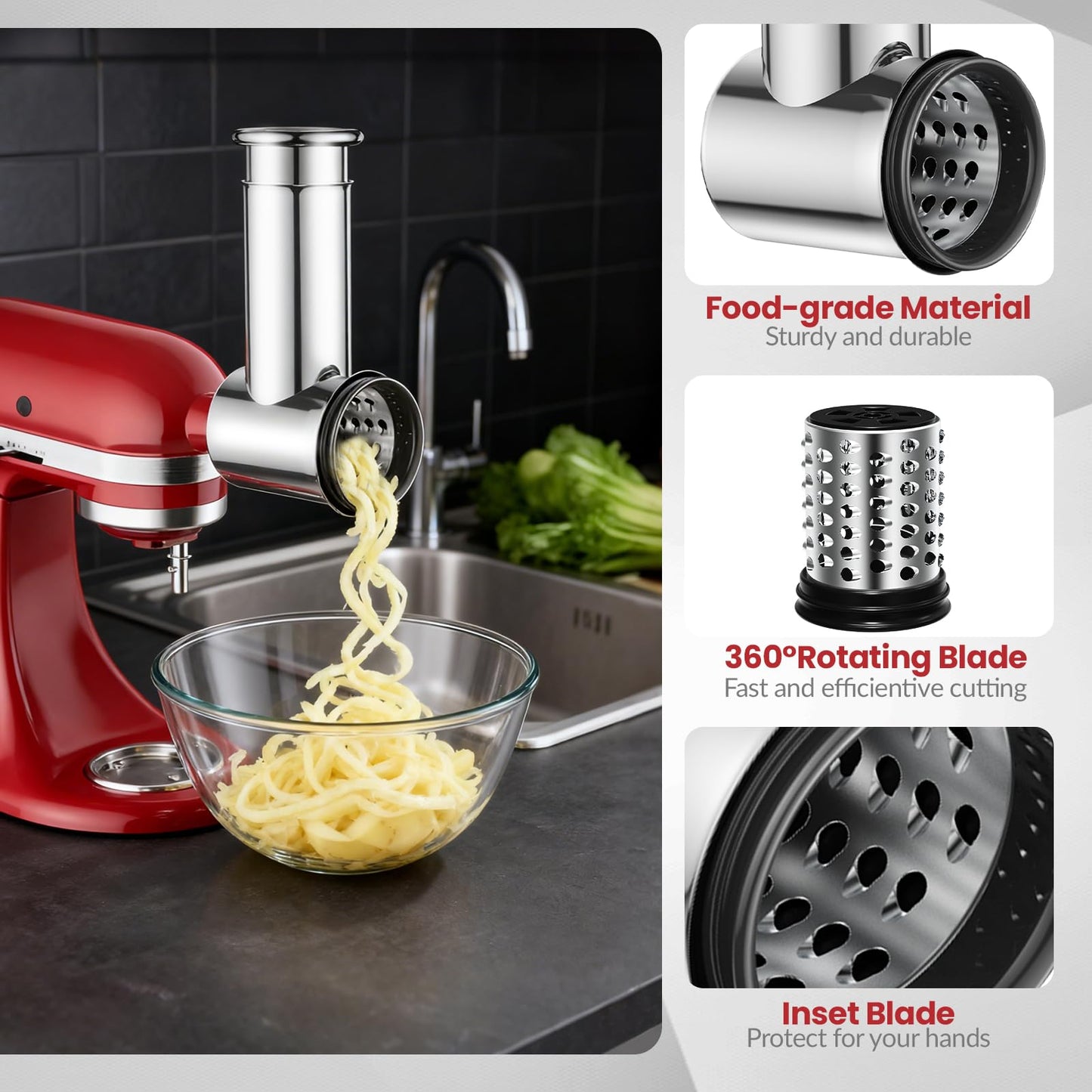 Stainless Steel Slicer Shredder Attachment for KitchenAid Stand Mixers, Large Vegetable Slicer Cheese Grater Attachment for Kitchenaid, Salad Maker Grinding Powder with 4 Blades