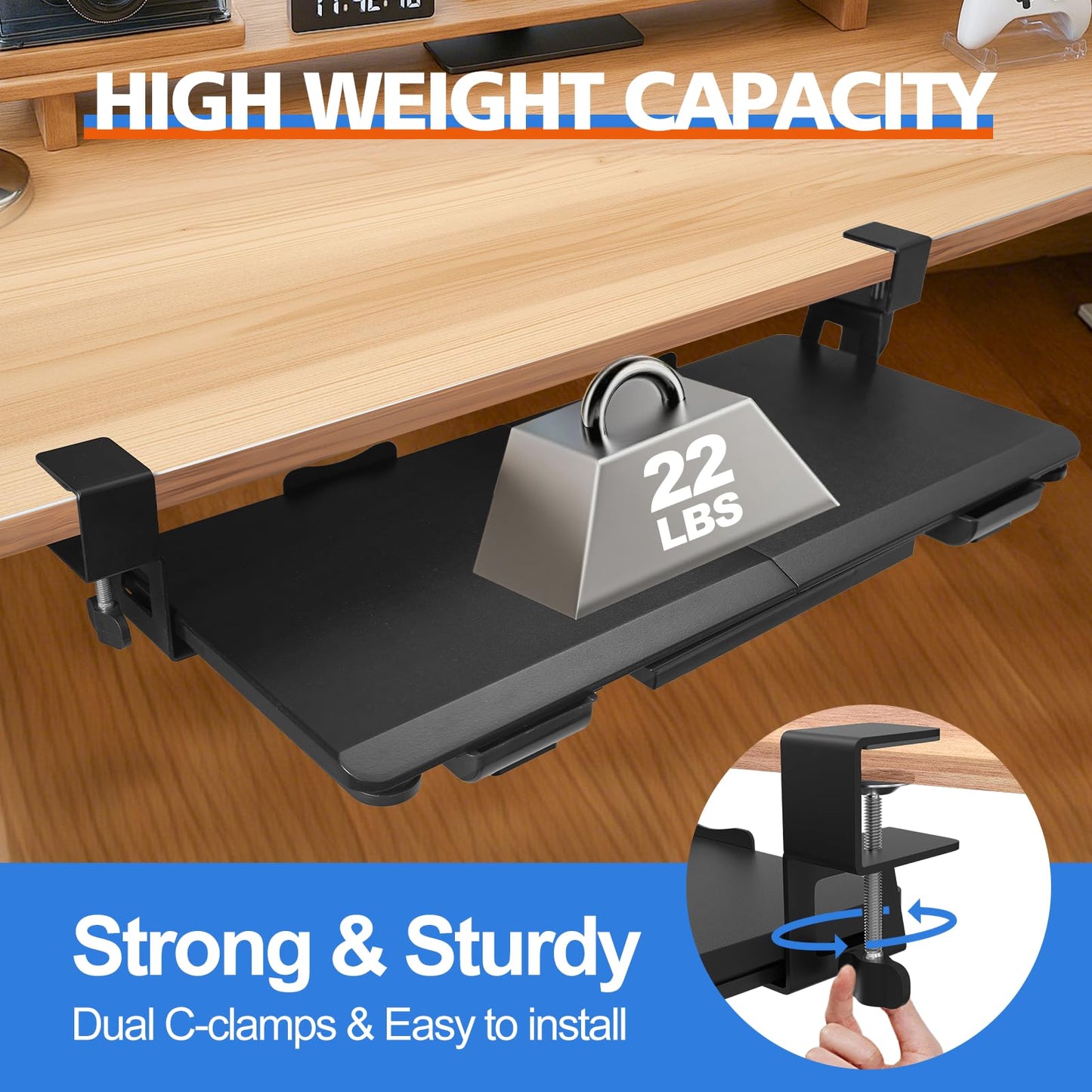 OUKMIC Large Keyboard Tray Under Desk Slide Out with Sturdy C-Clamp Mount and Storage Drawer, 27" (31" Including Clamps) x 12" Ergonomic Keyboard Trays for Home and Office, Black