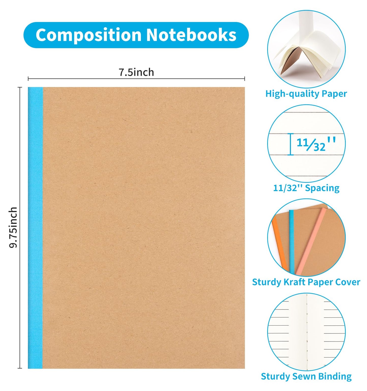 48 Pack Lined Notebook Journals Bulk, 7-1/2" x 9-3/4", Wide Ruled Paper, 30 Sheets/60 Pages, Kraft Cover with Rainbow Spines, 12 Colors Lined Composition Notebook Journal for Work Study Note Taking