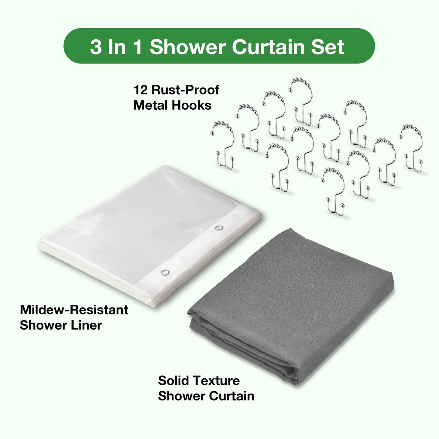 Lameirose Grey Shower Curtain and Liner, 3 in 1 Shower Curtain Set with 12 Double Sided Shower Curtain Hooks, Cloth Shower Curtains for Bathroom,Waterproof, 72" W*72" H