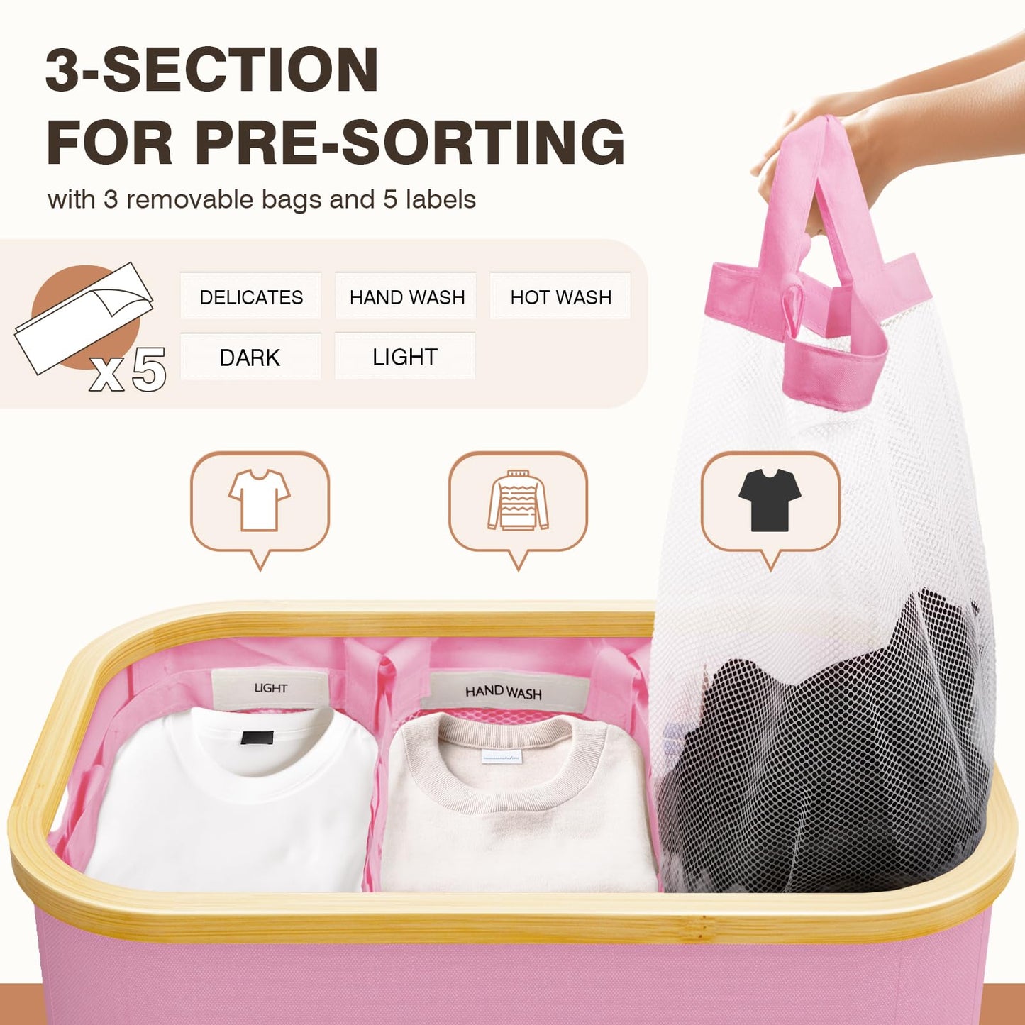 Hampers for Laundry Basket with Lid, 160L Extra Large 3 Section Clothes Divided Organizer for Bedroom, Laundry Room, Dirty Clothing Hamper, Pink