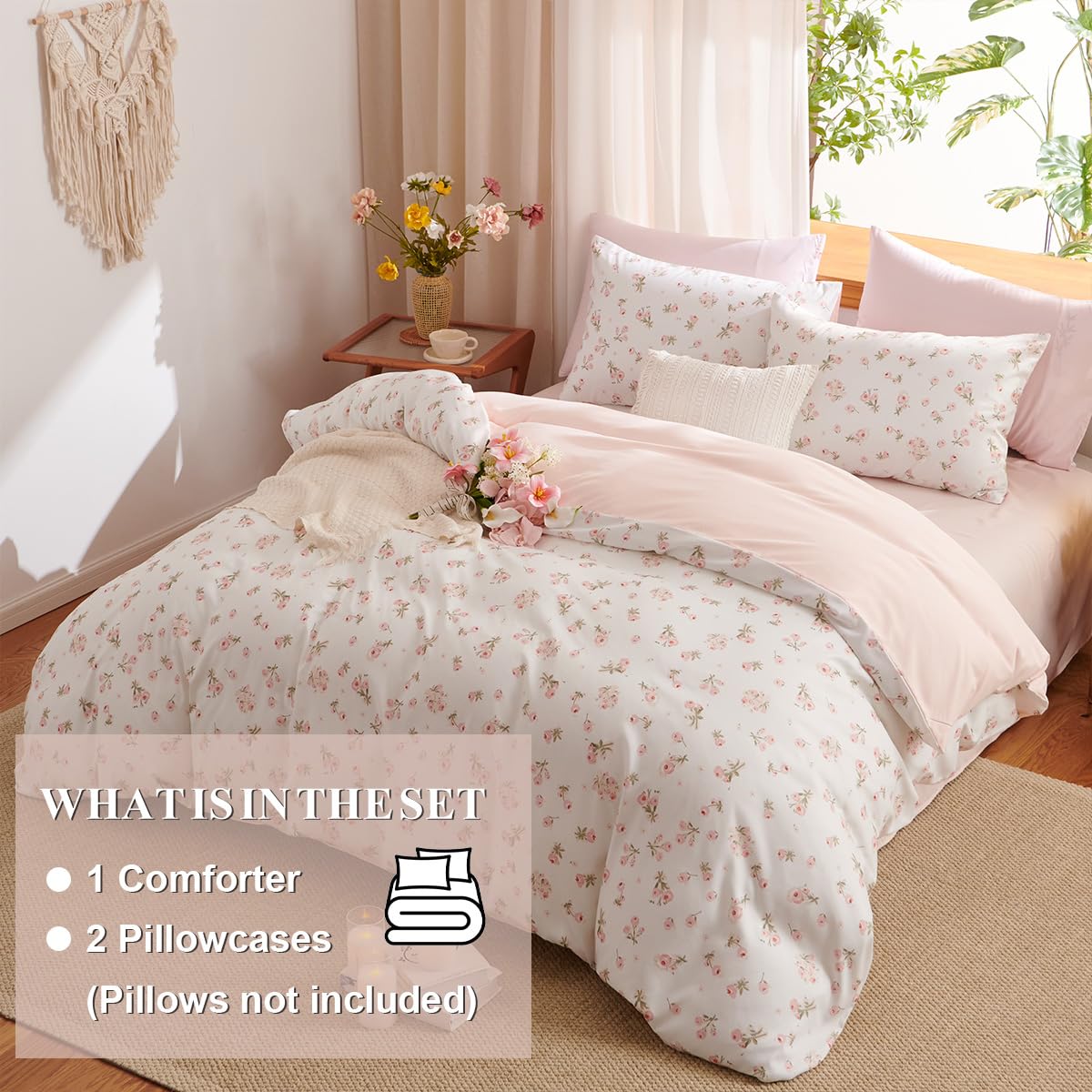 Erwinmu Floral Comforter Set Queen Size - 3 Pieces Pink White Floral Comforter Bedding Sets Reversible Pattern,Queen Bed in a Bag with Flowers Comforter and 2 Pillowcases