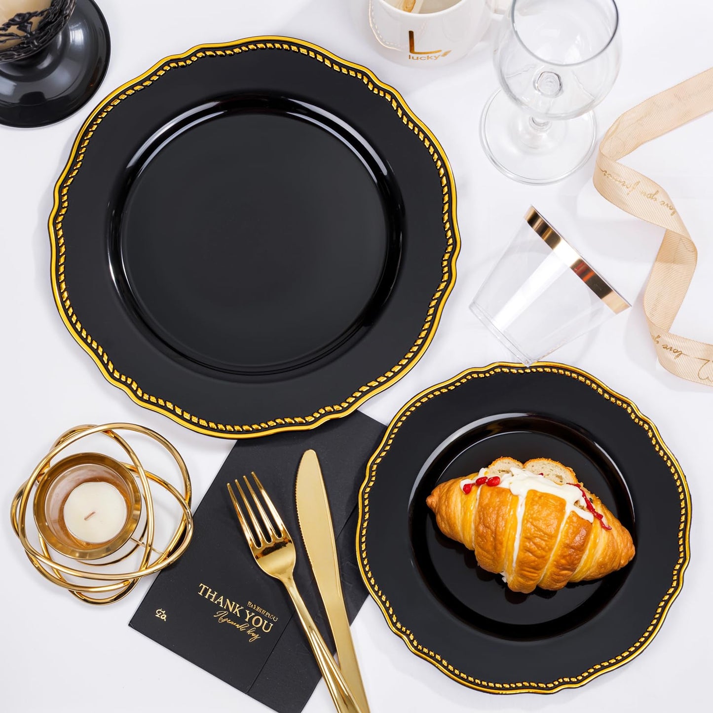 Hioasis 175pcs Black and gold Plastic Plates - Gold Plastic Dinnerware Set Includes 25 Dinner Plates, 25 Dessert Dinnerware, 25 Cups, 25 Napkins Perfect for Wedding & Party