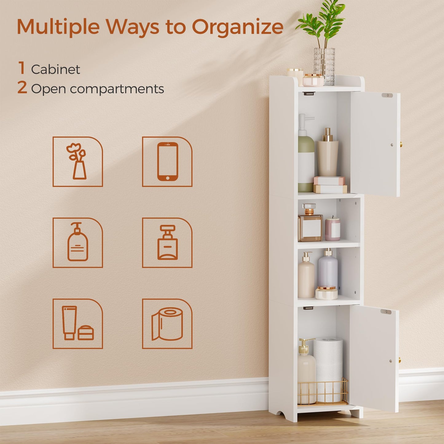 ANWBROAD Slim Bathroom Storage Cabinet Corner Narrow Cabinet with 2 Doors and Adjustable Shelf Freestanding Small Bathroom Organizers and Storage for Small Spaces, Kitchen, Living Room White USBC011W