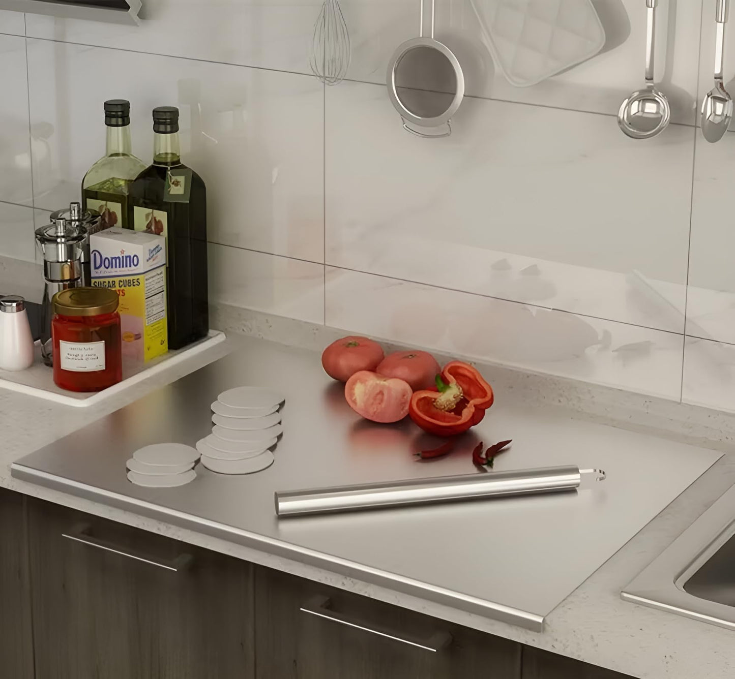 Stainless Steel Cutting Boards for Kitchen, Lipped stainless steel cutting board. Large cutting board suitable for meat, fruits, vegetables, bread, and baking (50 x 40cm / 19.68"L x 15.74"W)