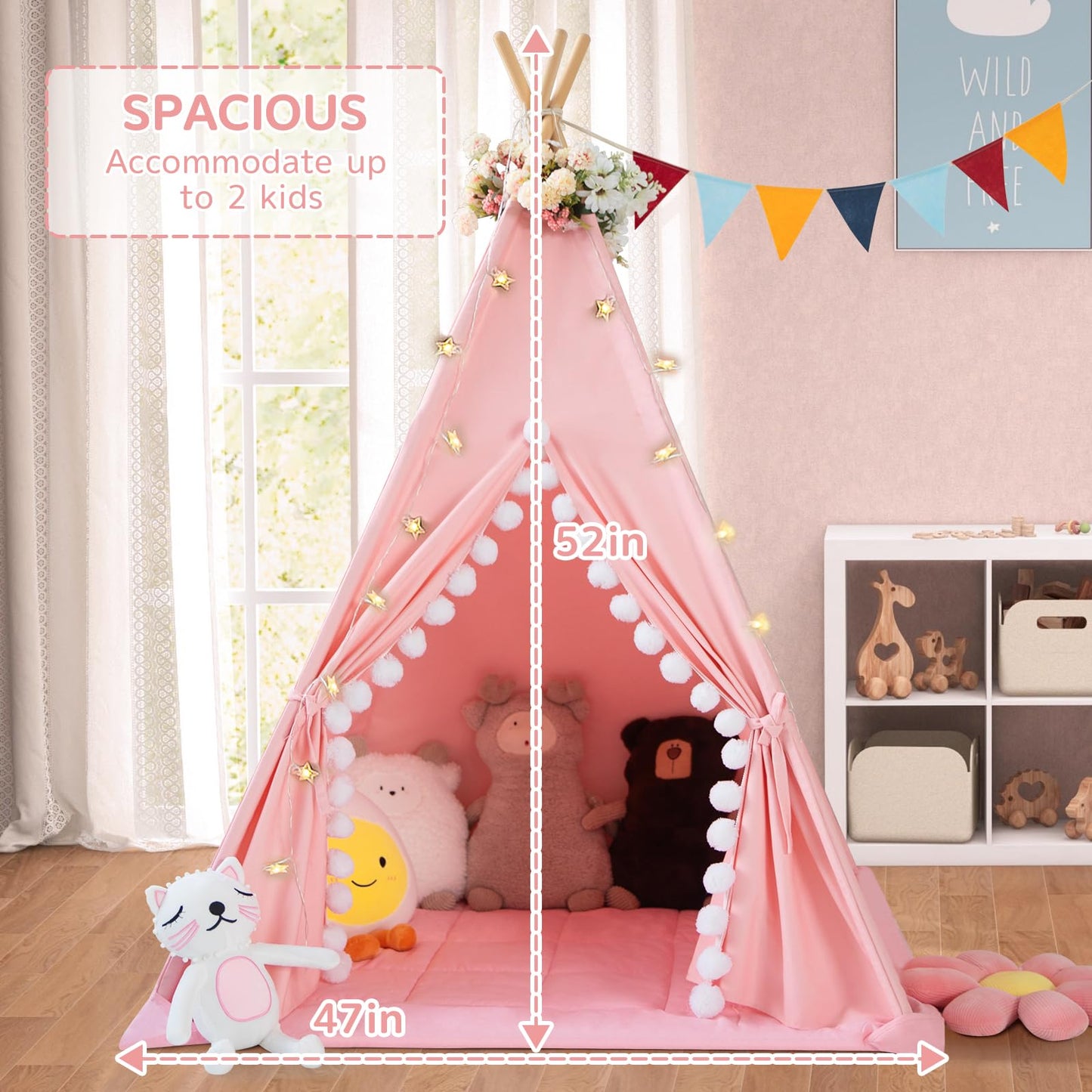 WIRHAO Teepee Tent for Kids with Padded Mat Cotton Canvas Kids Tent with Pompom for Toddlers Indoor Play Tent for Girls Boys with Stars Lights, Carry Bag, Banner Flag (Pink)