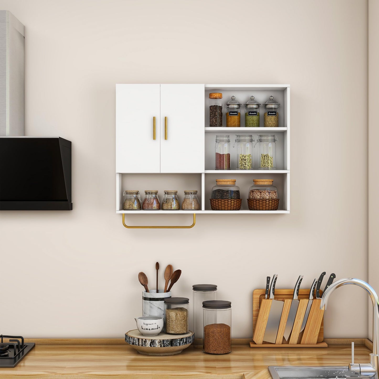 Tltaroni Bathroom Wall Cabinet Wood Large Wall Mounted Medicine Cabinet with 2 Doors and 4 Open Shelves Over Toilet Storage Cabinet Organizer with Towel Bar,White