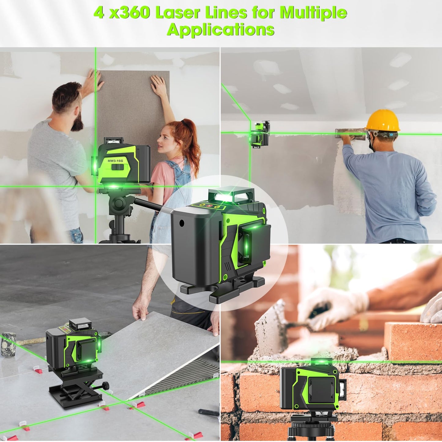 16 Line Laser Level 360 Self Leveling, 4x360°Professional 4D Green Cross Line laser Level with 2 Batteries, Adjustable Brightness & Remote Control, for Tiling Floor Construction and Picture Hanging