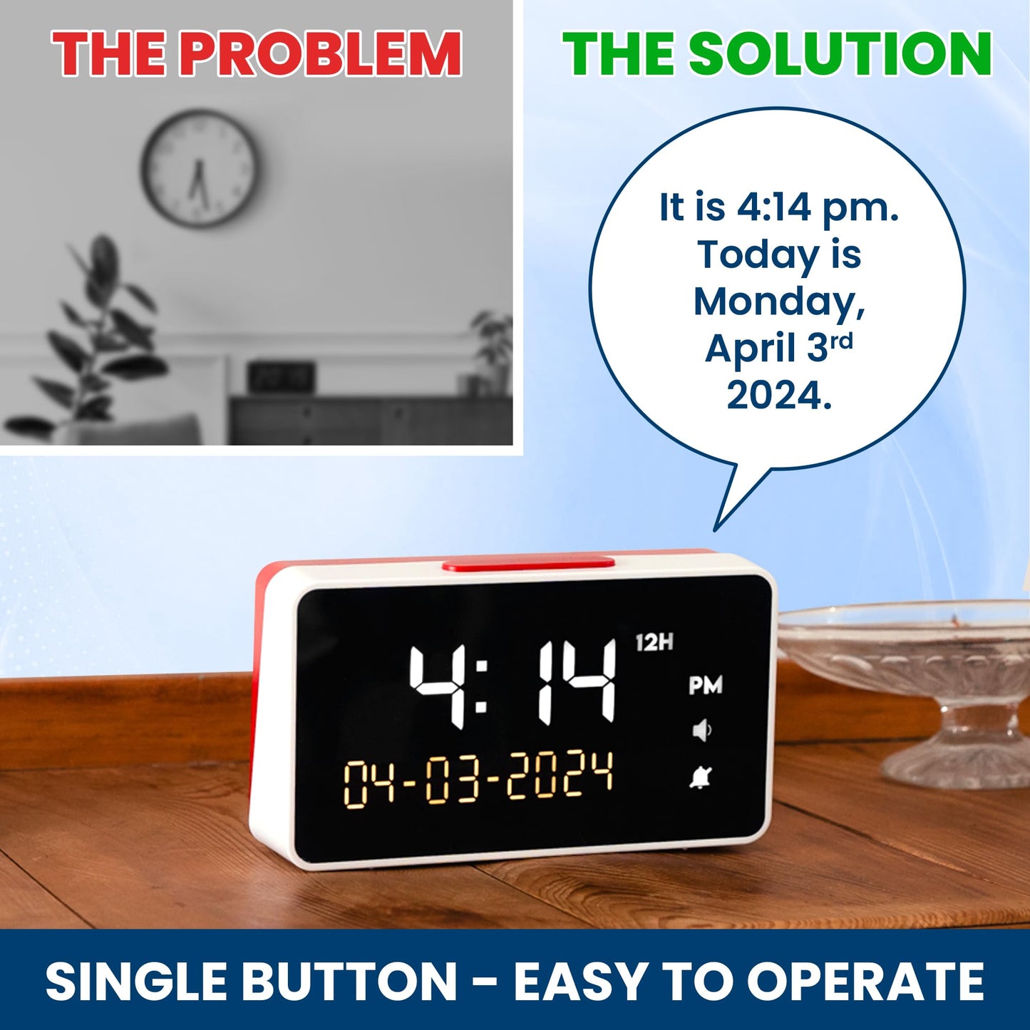 Top Life Talking Clock - Extra Loud Time and Date - for Elderly, Dementia, Hearing or Visually Impaired Seniors - Easy to Use Speaking Help - Clear Neutral Male Voice