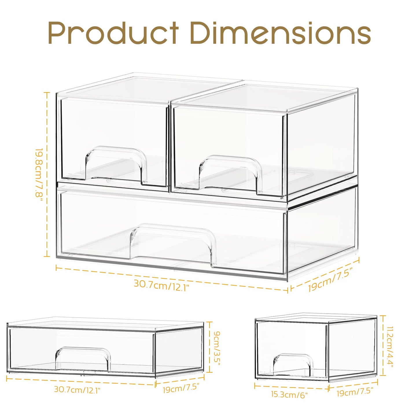 Criusia Stackable Storage Drawers, 3 Pack Clear Acrylic Makeup & Bathroom Organizer, Versatile Storage Bins for Vanity, Under Sink, Kitchen Cabinets & Pantry