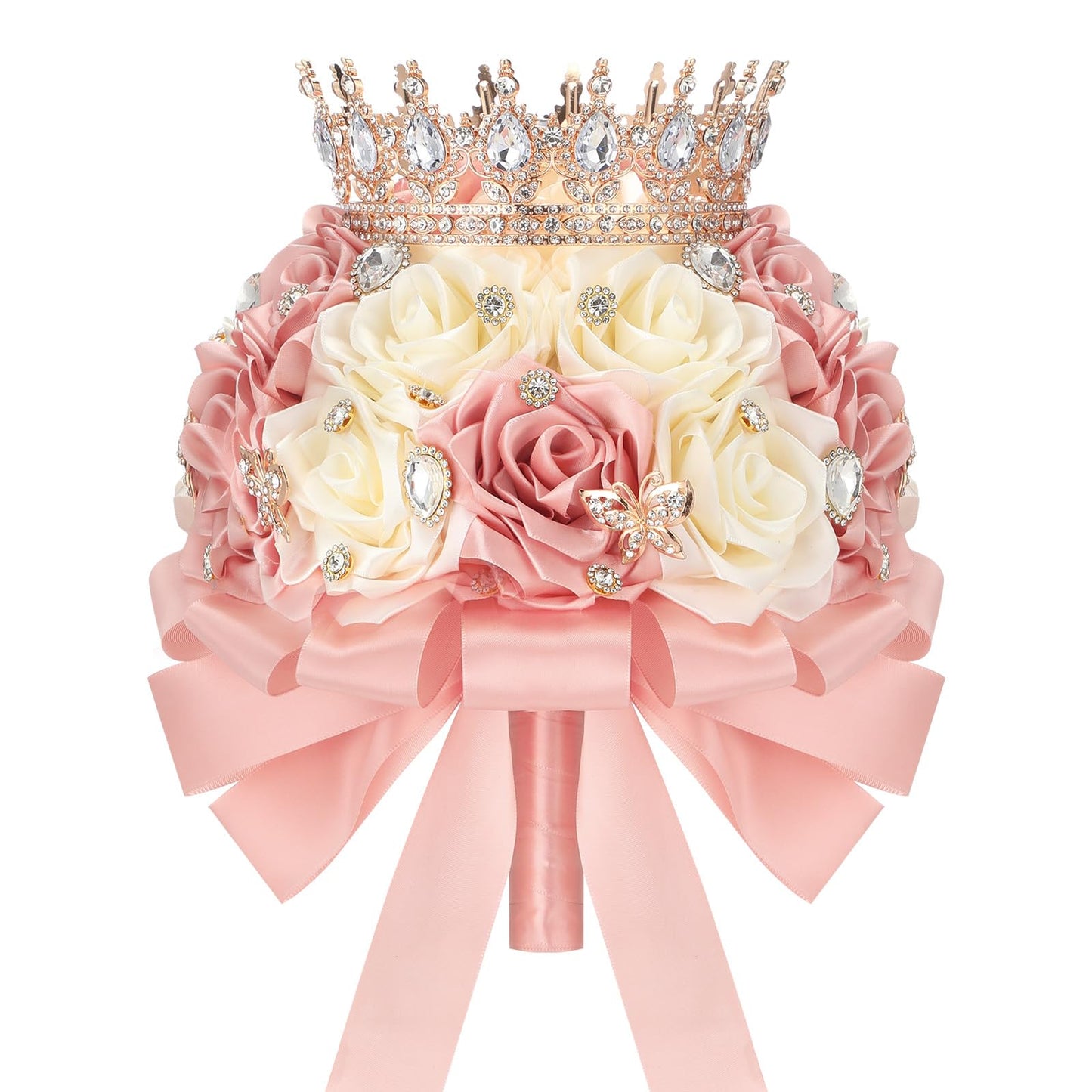 Suncalla 8.7" Ramo de Quinceañera Peach Pink & Cream Bridal Wedding Bouquet with Crown Satin Rose Bling Artificial Flower Bunch Inspiración Ramos para Quinceaños for Bride Wedding Quinceanera