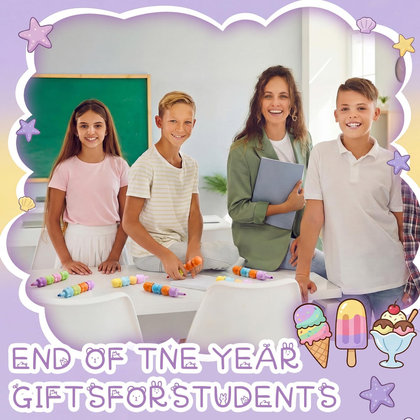 Eaasty 24 Sets End of Year Gifts for Students Bulk Ice Cream Pens with Greeting Cards Summer Gifts from Teacher for Party Favor Supplies Classroom Rewards Birthday Exchange Prizes (Highlighter)