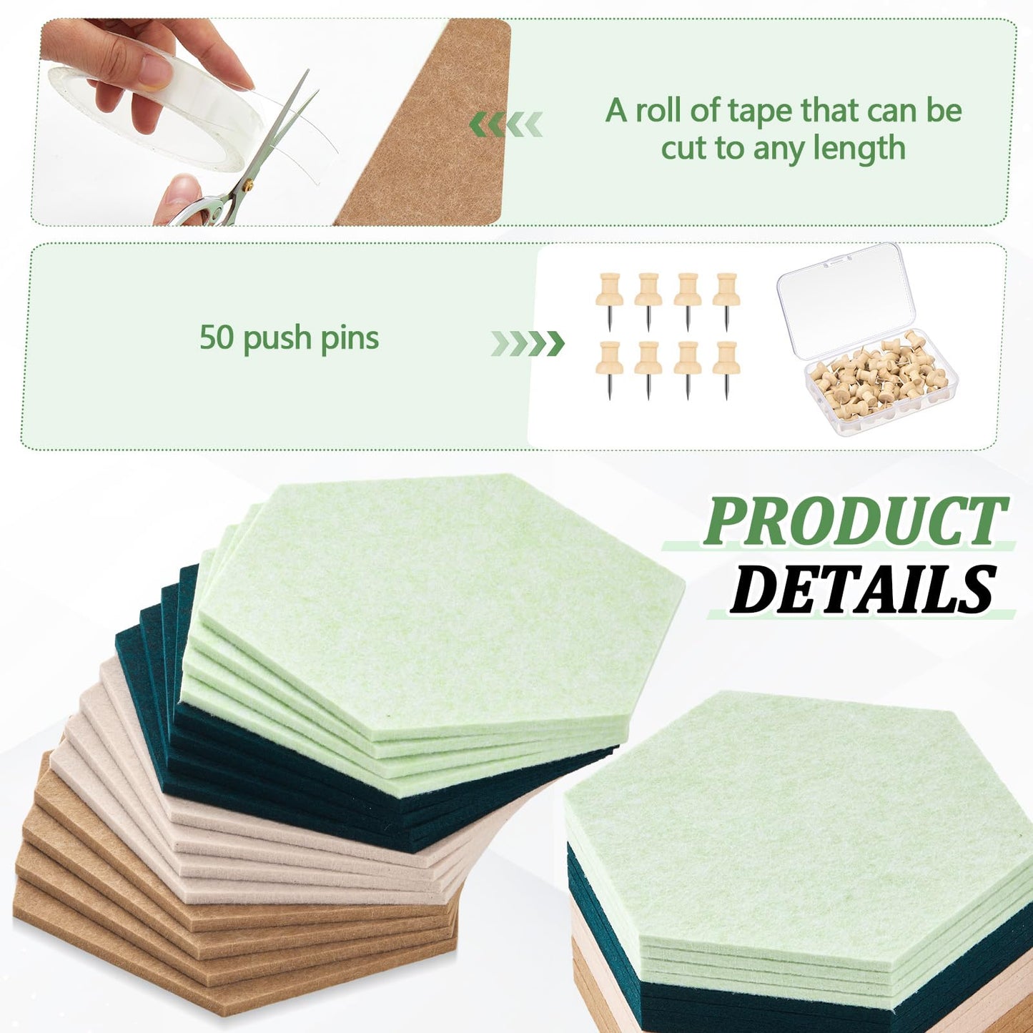 Mindsoft 16 Pcs Hexagon Cork Board for Walls with 50 Wooden Push Pins 12x10 in Felt DIY Tiles Notice with Nano Tape Hanging Bulletin Board for Home Photo Office Memo Note (Green)