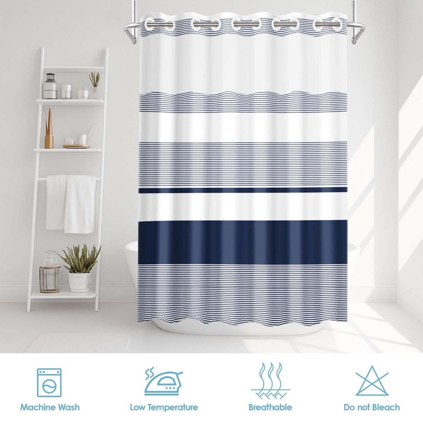Nesphy No Hook Navy Blue Shower Curtain with Snap in Fabric Liner Set, Boho Striped Modern Double Layers Waterproof Fabric with See Through Top Window Open Grommet Bath Curtain 71x74 Inch