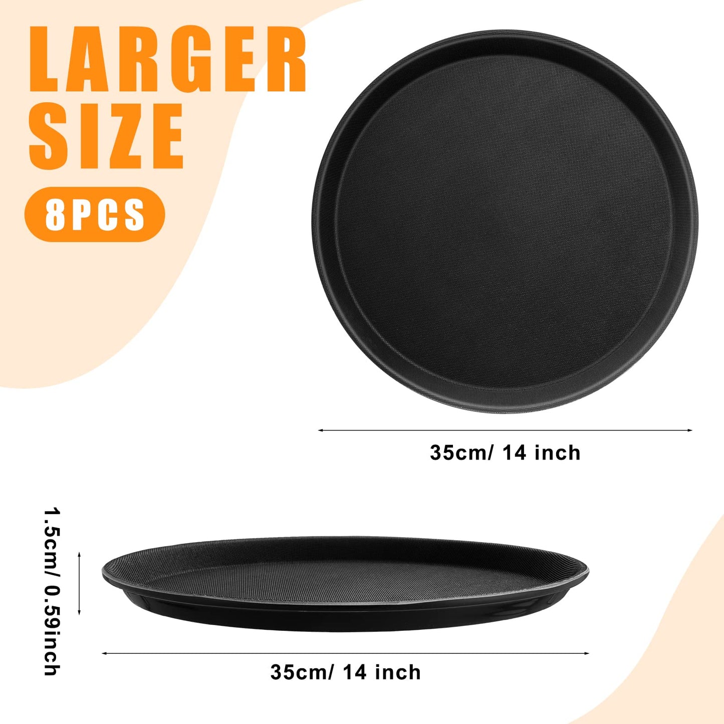 Zopeal 8 Pieces Black Round Restaurant Serving Tray, Plastic Non Slip Surface Food Meals Server Tray with Raised Edges for Home, Kitchen, Restaurant, Cafeteria, Bar (14")