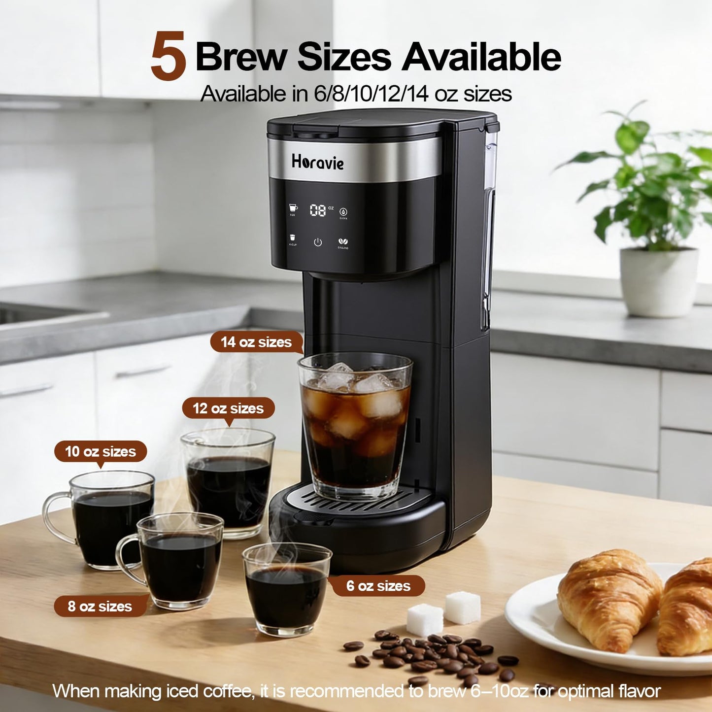 All-in-1 Single Serve Coffee Maker, Fit 7.8" Travel Mug, Hot & Iced K Cup Coffee Machine with 5 Brew Sizes, One Cup Coffee Maker with Descaling and Low Water Alert, 30oz Removable Reservoir, Black