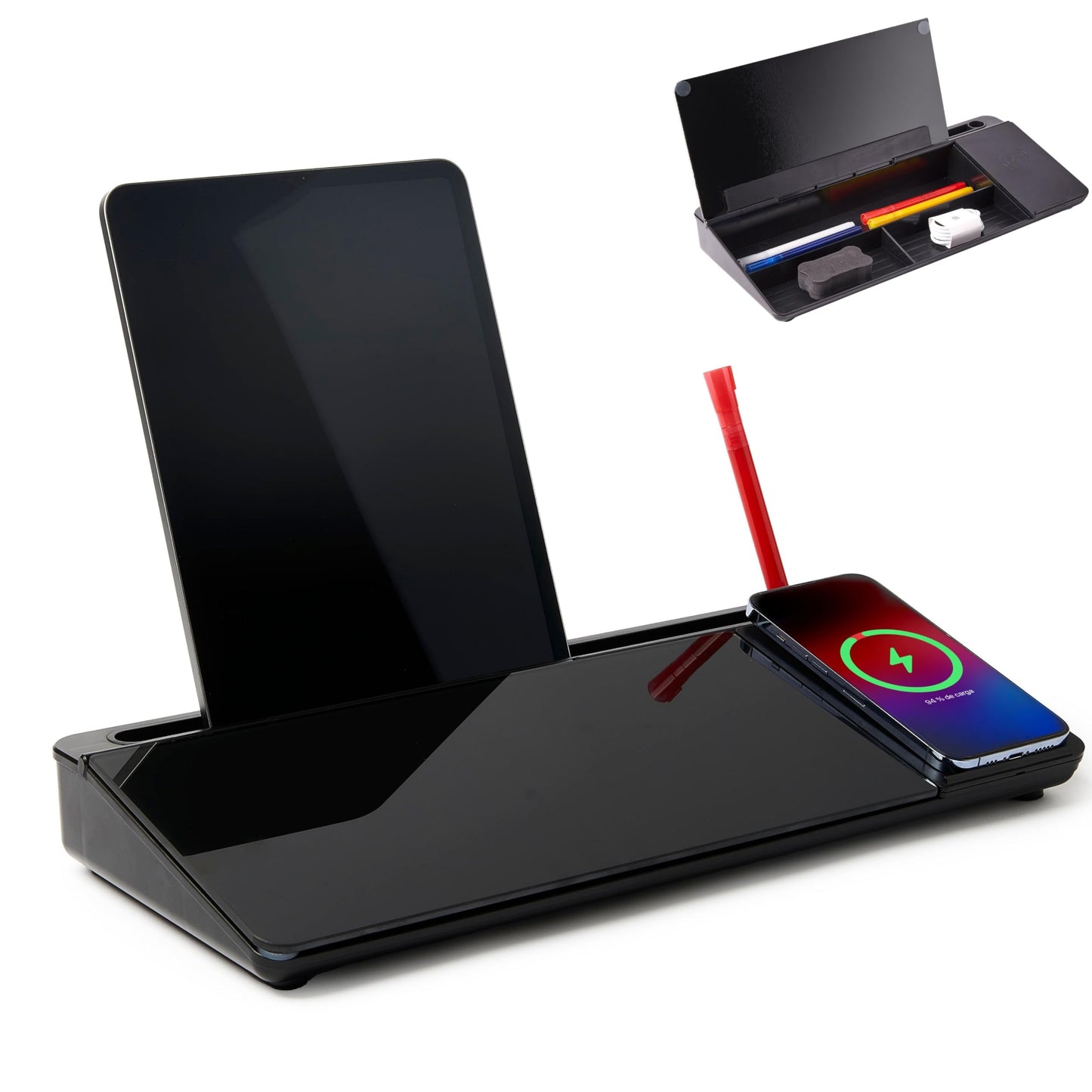 Garood Desktop Whiteboard Black with Wireless Charger Adapter Included Desk Buddy Charging Desktop Whiteboard Keyboard Glassboard Dry Erase Board Dry Erase Accessories 15.8X7X2 inches
