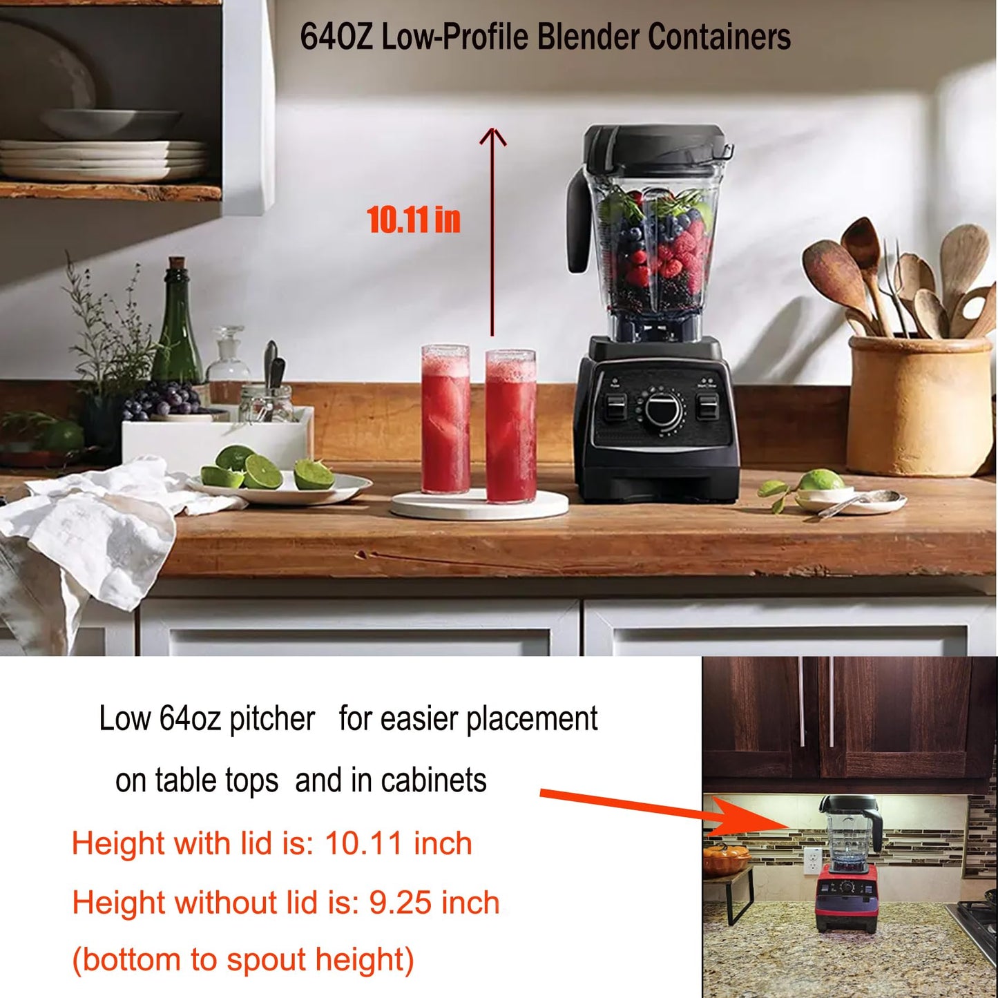 Blender Pitcher 64oz Low-Profile,Compatible with Vitamix 780 75-0 7500 5000 5200 Vm0102 Vm0103Vm0197 E310 Professional/Commercial/Classic Series etc Blender,Blender Container Jar Cup,10 Years Warranty