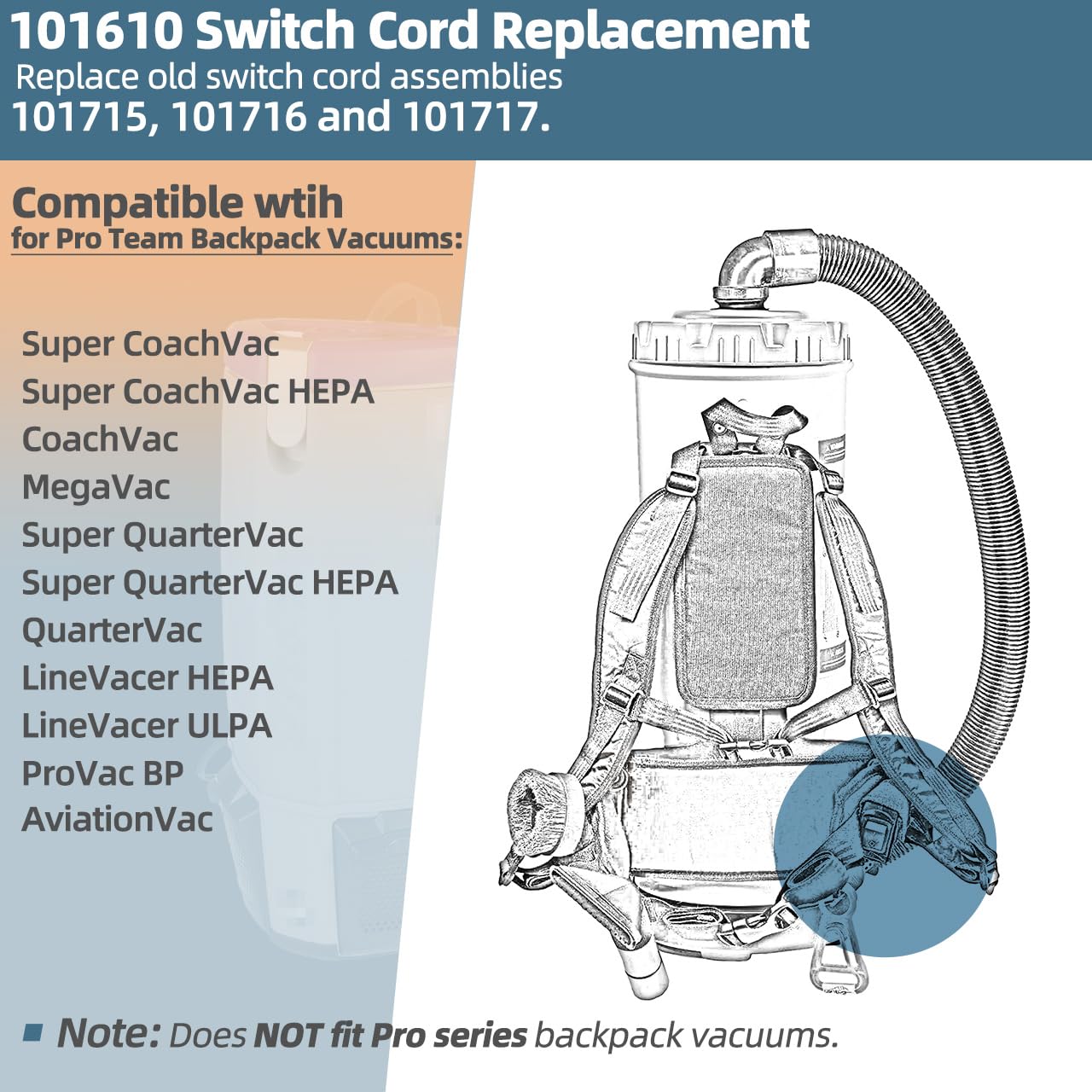 101610 Switch Cord Compatible with Pro Team Backpack Vacuum Parts - Vac Accessories Replacement Compatible with Pro Team Cylindrical Backpack Vacuum Cleaner 120V Switch Cord Assembly
