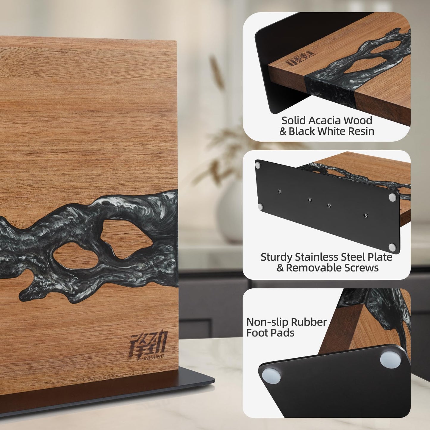 FINDKING Magnetic Knife Block, Double-Sided Knife Holder with Strong Magnets, Acacia Wood and Black White Resin, Countertop Kitchen Knife Storage Stand (12 × 10 Inches, Without Knives)
