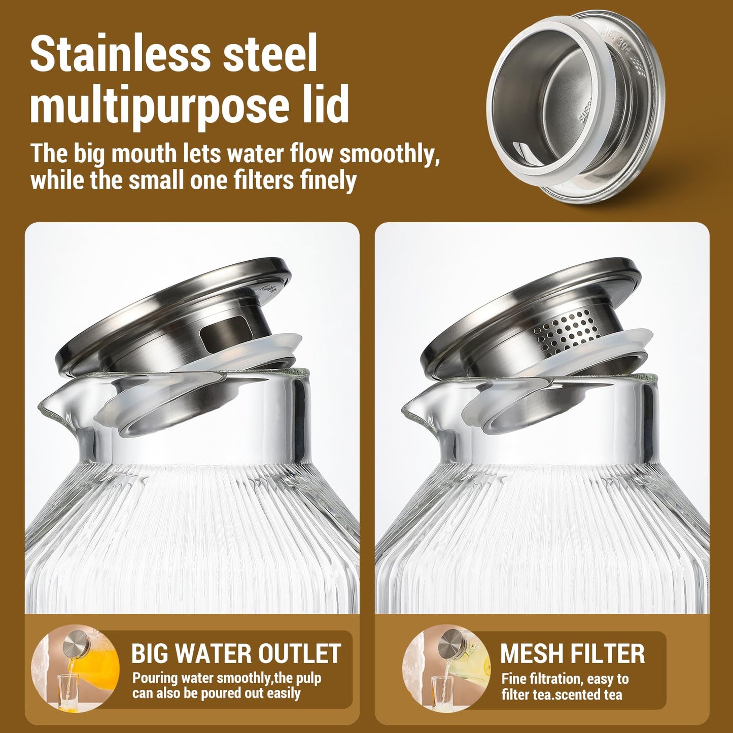 2 Pack 1 Gallon thickened Square Glass Pitcher with Lid, Classic Stripes Water Pitchers for Fridge, Borosilicate Glass Carafe for Hot/Cold Brew Drink, Extra Large Jug with Handle for Iced Tea, Coffee