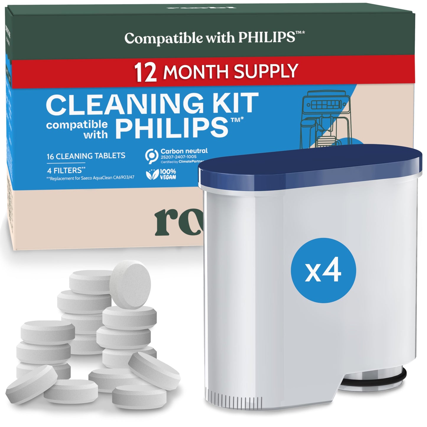 Roobi Cleaning Tablets & Filters Compatible with Philips Saeco. Includes 16 Espresso Cleaning Tablets & 4 Water Filters. Carbon Neutral Philips Cleaner Kit. 1 Year Supply.