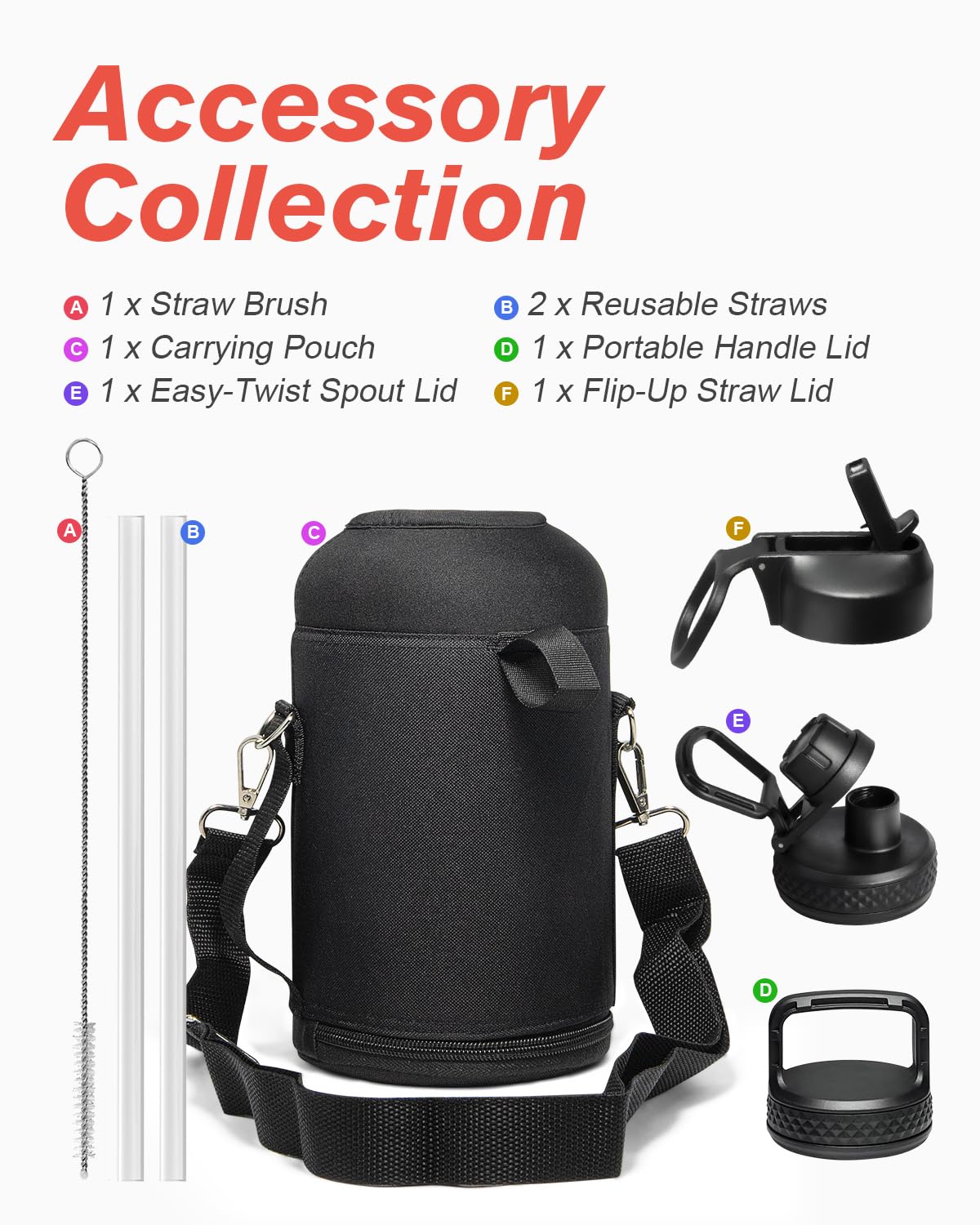 64 oz Water Bottle Insulated with Straw & 3 Lids, Coolflask Large Metal Stainless Steel Water Jug Big Half Gallon Wide Mouth for Sports, Gym or Office, Non-BPA Keep Cold 48H Hot 24H, Magic Black