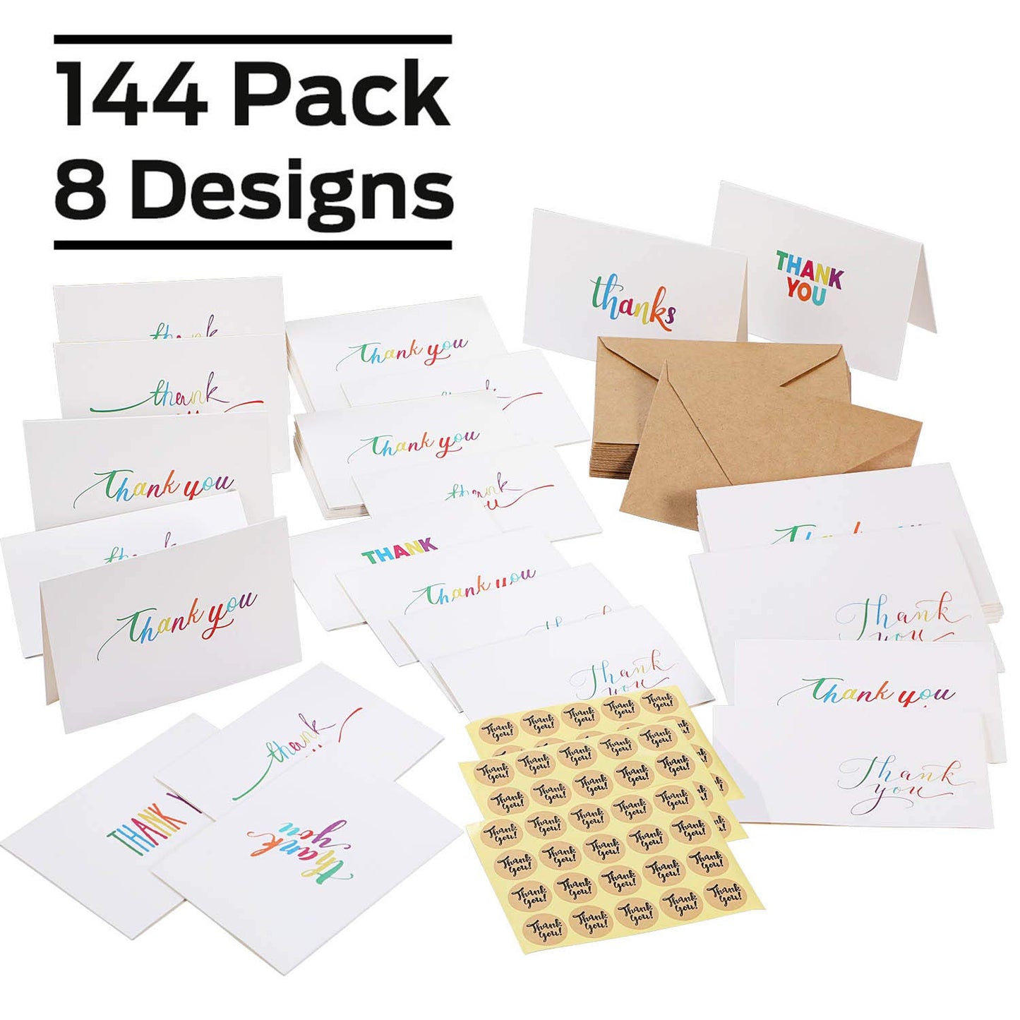 Ohuhu 144 Bulk Thank You Cards with Envelopes, Thank You Notes Box Set with Elegant 8 Rainbow Colorful Designs Greeting Card for Wedding, Business, Birthday, Baby Shower, Blank Inside, 4 x 6 Inch