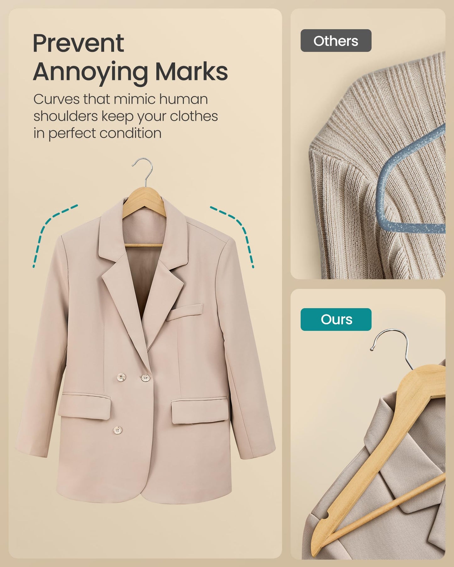 SONGMICS Wooden Hangers, Pack of 30, Coat Hangers, Pants Bar, 360° Swivel Hooks, Solid Birch Wood, Space Saving, for Jackets, Shirts, Coats, Natural Beige UCRW030K01