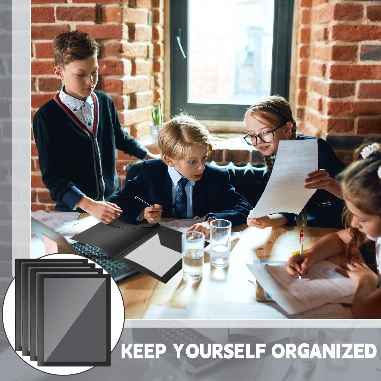 Teling 48 Pcs Plastic Folders with Front Clear Pockets and Business Card Holder 2 Pockets Folders for Letter Size Paper, School Office Financial Statements Supplies Nice Gift for School (Black)