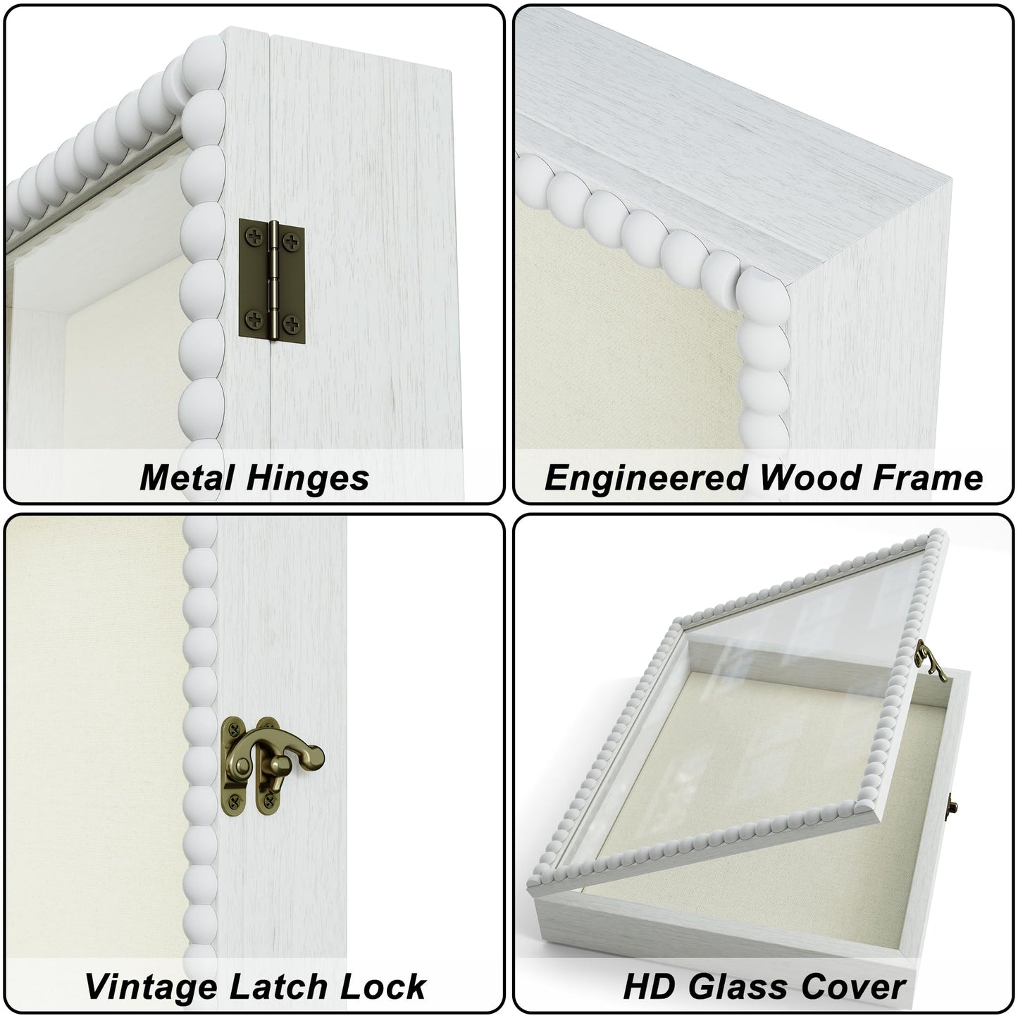 Love-KANKEI Shadow Box Frame 11x14, Deep Large Shadow Box Display Case with Unique Beads Door and Glass Window, Wood Memory Box for Pictures,Medals,Memorabilia,Collections White