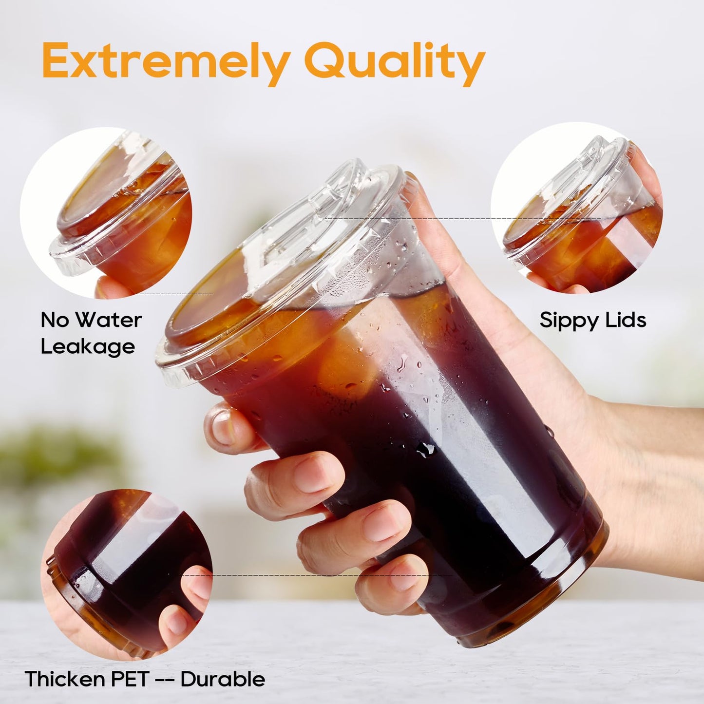 Turbo Bee 16 OZ 200 Sets Clear Plastic Cups with Strawless Sip Lids, To Go Crystal Clear Disposable Plastic Cups with Lids for Iced Coffee, Smoothies, Soda, Lemonade, Cold Beverage