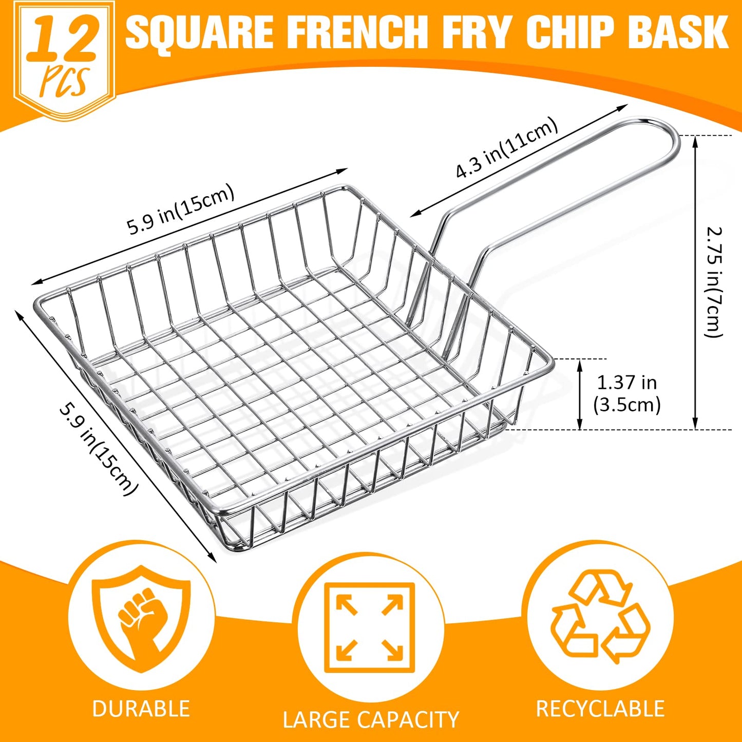 Potchen 12 Pack Mini French Fry Holders Bulk, 5.9 x 5.9 Inch French Fries Baskets with Handle, Mini Fry Serving Wire Baskets for Kitchen Restaurant and Party Table Use