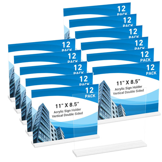 12 Pack Acrylic Sign Holder 11 x 8.5 Horizontal, Double-Sided Clear Sign Holder Plastic Stands for Display, T Shape Acrylic Table Sign Stands for Office Store Restaurants Wedding Party Decoration