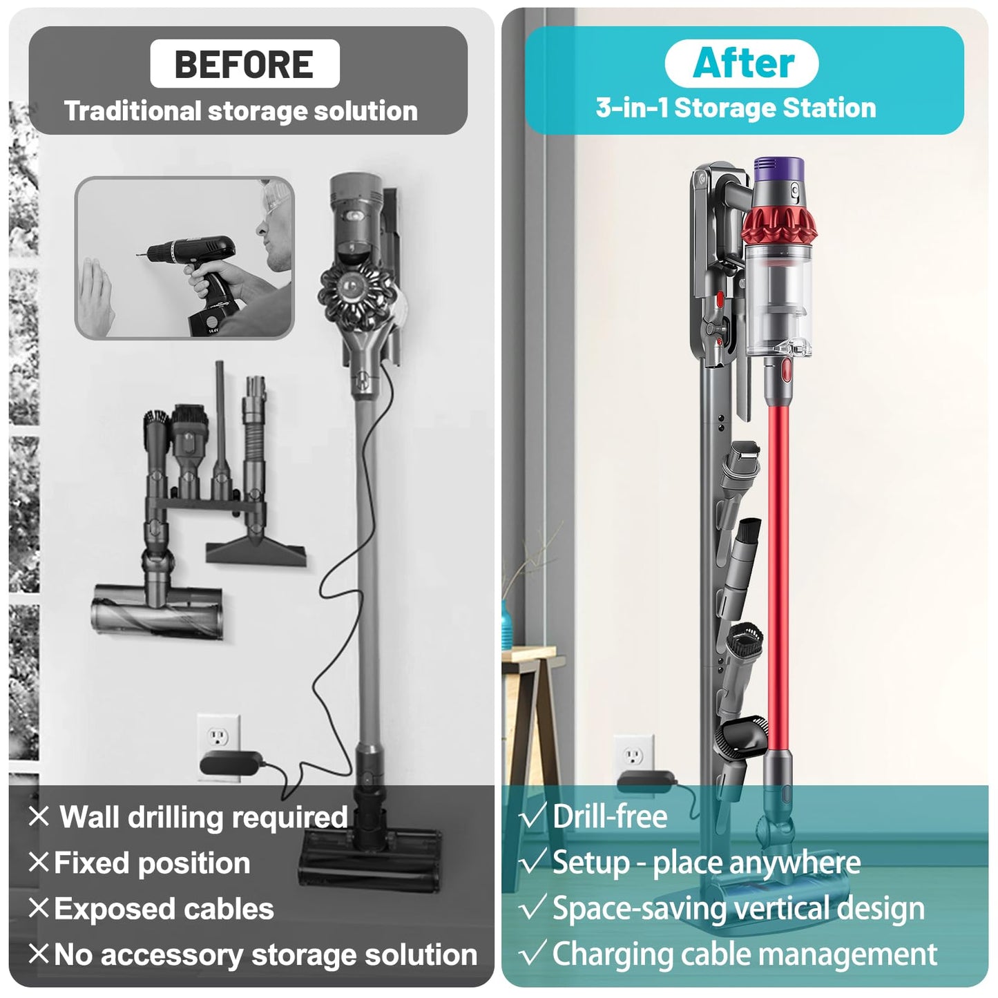 SIOMK Vacuum Stand for Dyson Gen5 V15 V12 V11 V10 V8 V7 V6, Drill-Free Standing Dock with Hidden Cord & Space-Saving Design, Stable Metal Organizer for Cordless Cleaner & Attachments, Easy Assembly