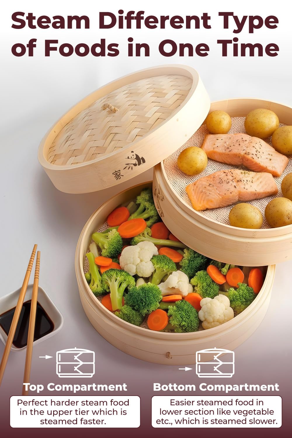 Prime Home Direct Bamboo Steamer Basket 10-Inch | 2-Tier Steamer for Cooking | 50 Liners, Chopsticks, Sauce Dish | Steaming Asian Food, Bao Buns, Chinese, Dim Sum, Dumpling, Rice, Vegetable Steam Pot