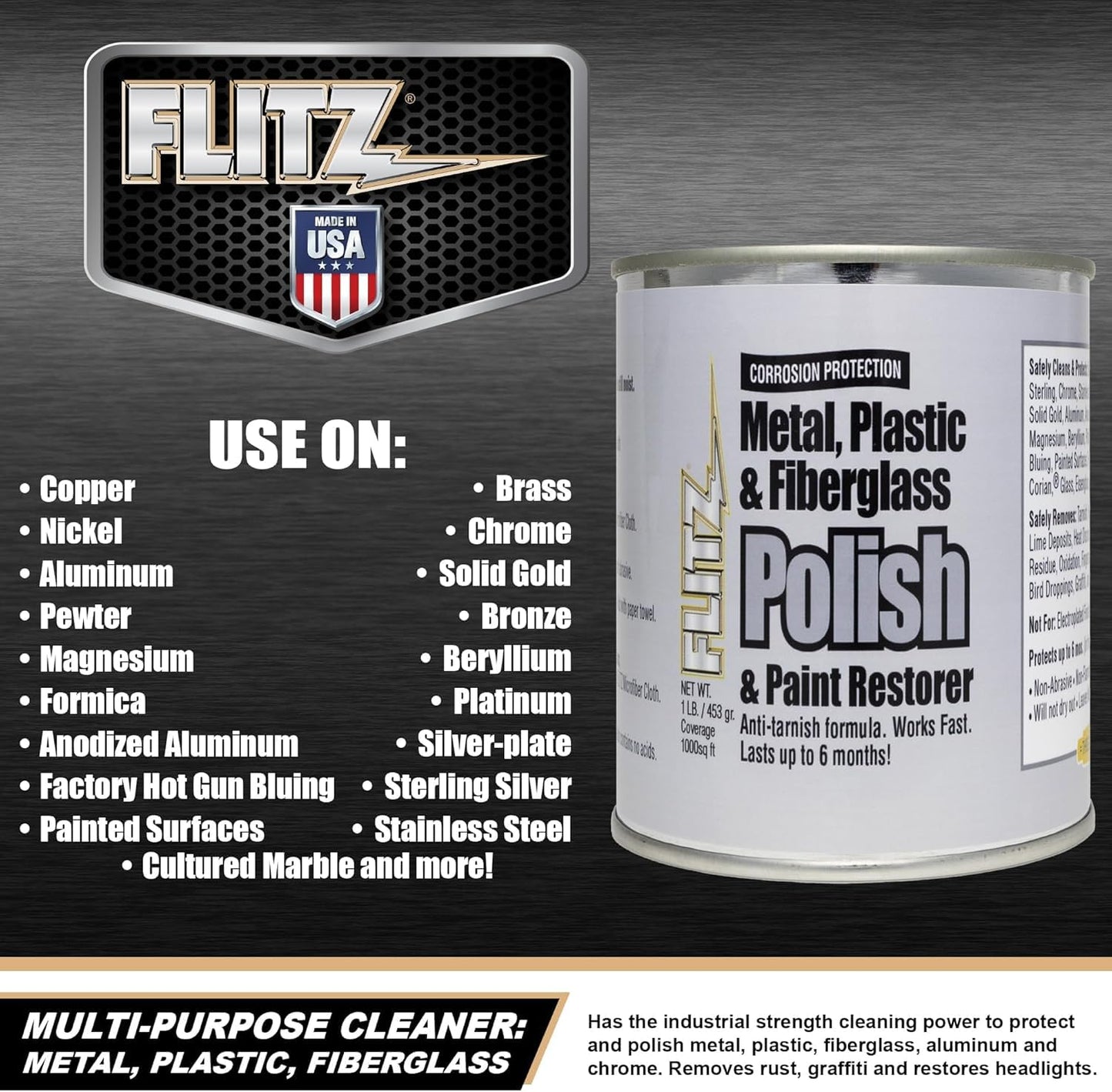 Flitz Metal Polish Paste - 1lb Can of USA-Made Polish for Solid Chrome, Stainless Steel, Aluminum- Non-Abrasive for Light Oxidation - Requires Manual Buffing - Not for Plated/Coated Surfaces (1 Pack)