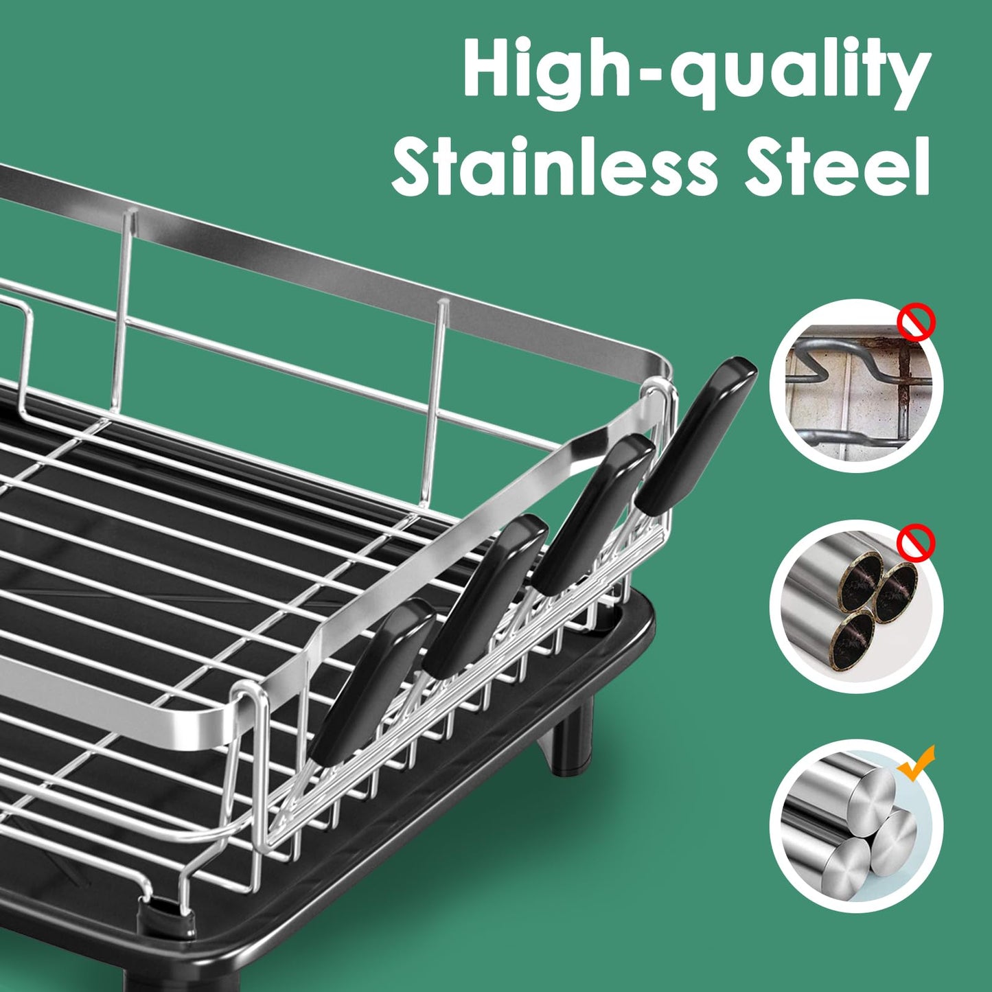 MOUKABAL Dish Drying Rack, Dish Rack, Stainless Steel Dish Racks for Kitchen Counter, Dish Drainer with Removable Utensil Holder, Drainboard (Black,Stainless Steel,13''W x 17''L)