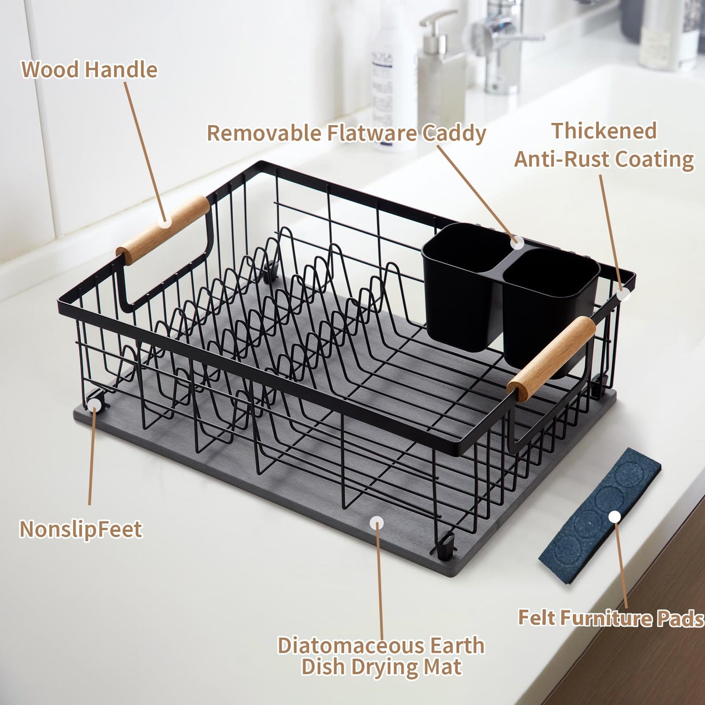 Lalaunicky Dish Drying Rack with Stone Dish Drying Mat for Kitchen Counter, Dish Drainer with Diatomaceous Earth Quick Dry Mat, Organization and Storage Essentials with Cup & Cutlery Holders