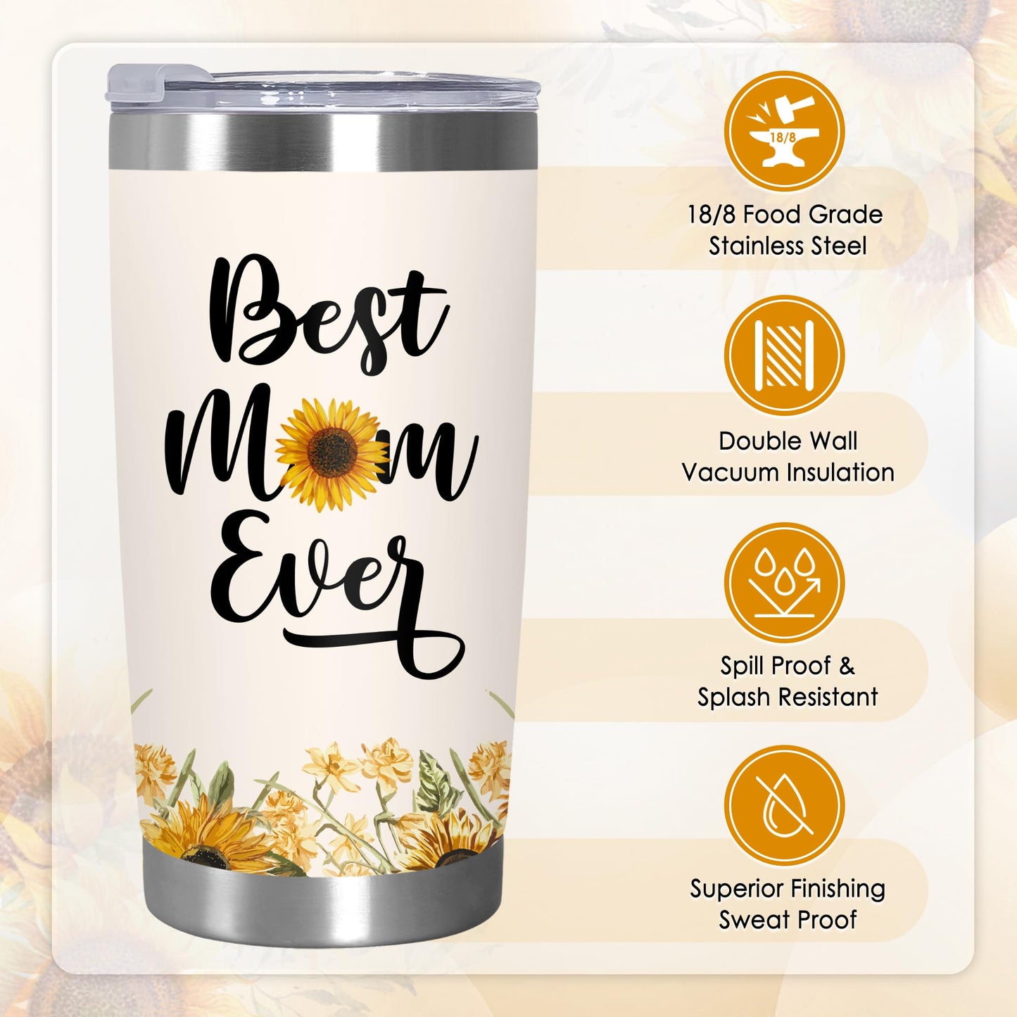 TEEZWONDER Mothers Day Gifts for Mom from Daughter Son - #1 Nutrition Facts Sunflower Stainless Steel Insulated Coffee Tumbler with Lid 20 oz - Birthday Gifts for Mama Grandma Women