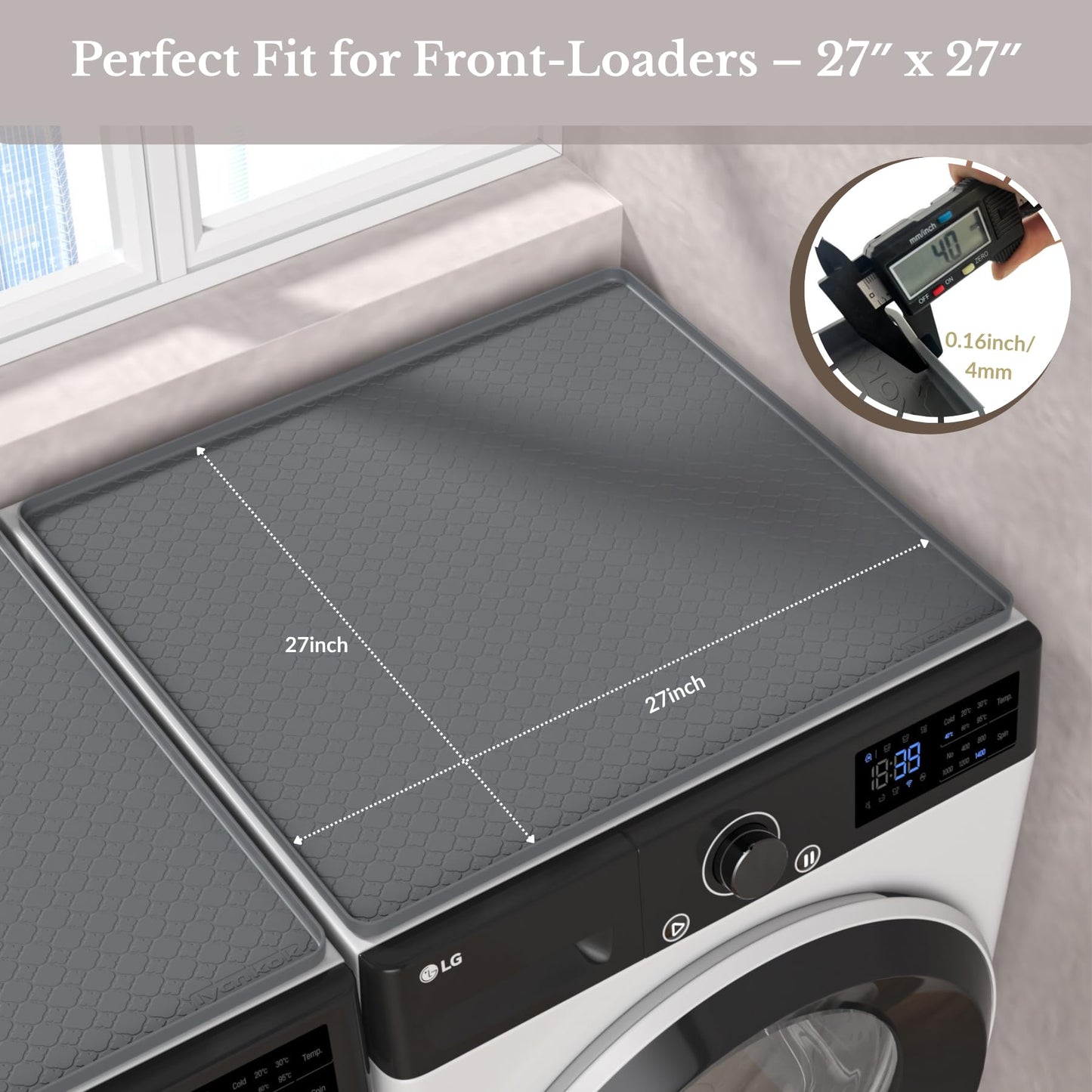 Iycnkok Washer and Dryer Covers for the Top - 27''x 27'' Silicone Protector Mat for Washing Machine Countertop - Non-slip Rubber Waterproof Dustproof Ideal for Laundry Kitchen - Gray 2 Pack