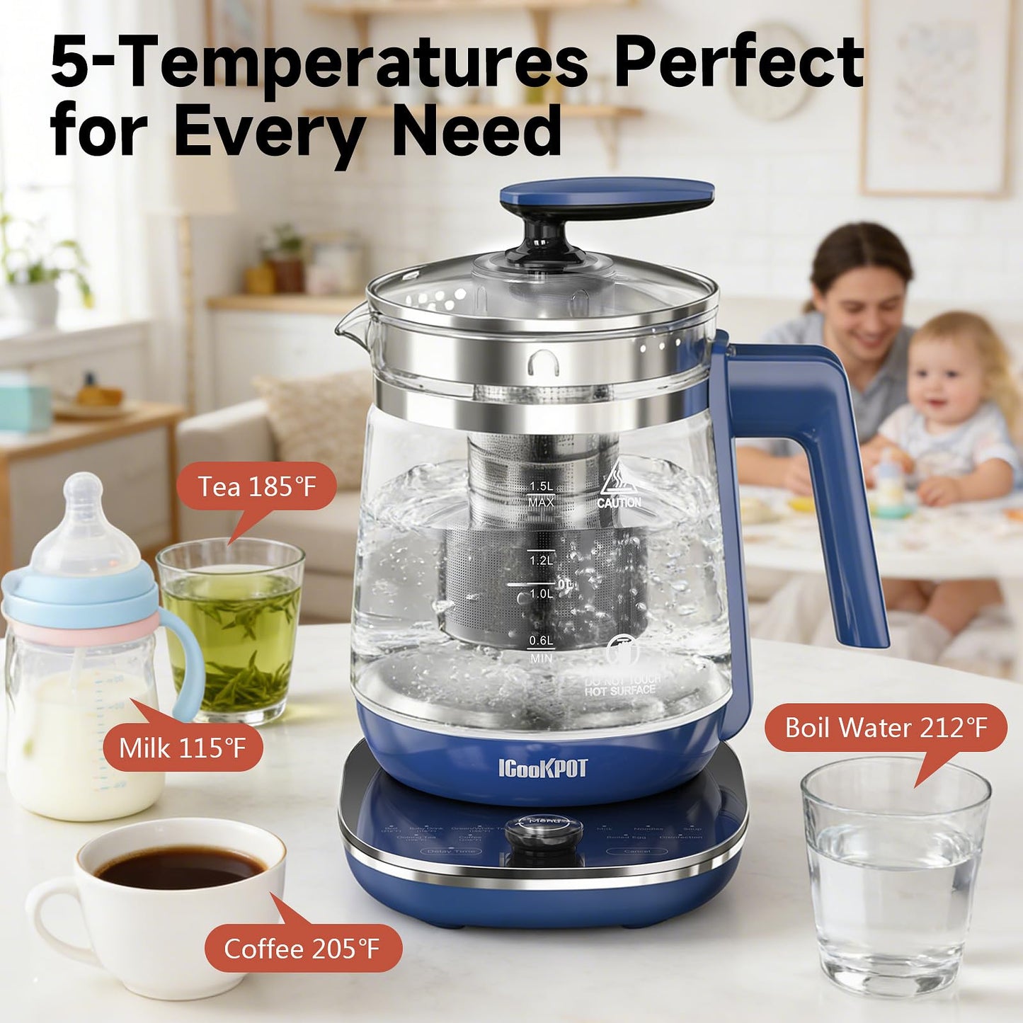 ICOOKPOT 1200w Electric Kettle, 1.5L Borosilicate Glass tea kettle, Hot water kettle electric for Coffee or Tea, BPA Free, Auto Shut-Off, Stainless Steel, Fast Boil, Blue