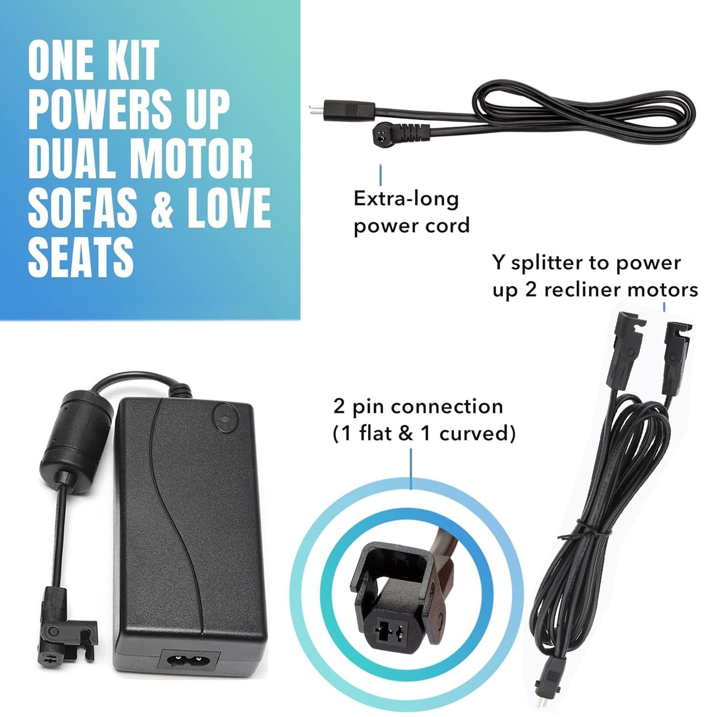 Universal Dual Motor Power Supply Transformer with AC Power Cord, L Shape DC Extension Cable and Y Splitter Cord,29V 2A Recliner Power Supply Kit-4-Piece for Recliner, Lift Chairs and Sofa