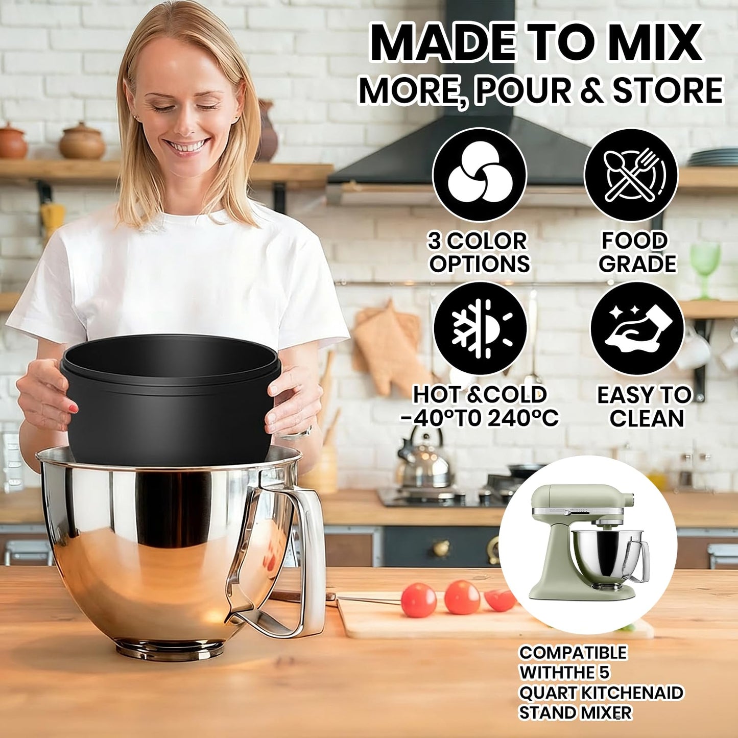 6 QT Silicone Bowl Liners for KitchenAid Mixers (3-Piece Set) - Adjustable Fermentation Hole Lid