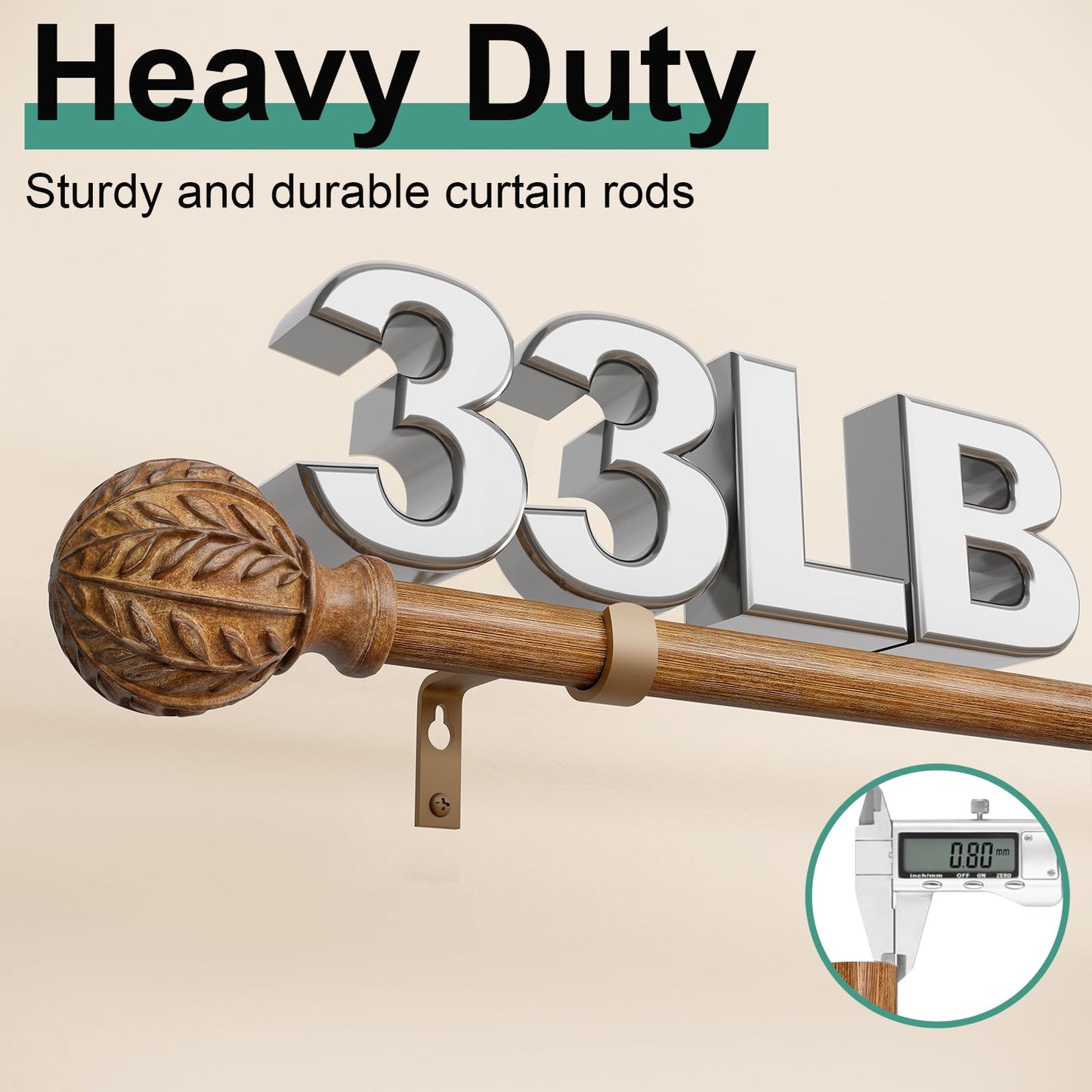 QDWIS Boho Wood Curtain Rods for Windows 66 to 120 inch,1" Adjustable Heavy Duty Window Curtain Rod with Imitation Wood Grain Finials,Rustic Decorative Drapery Rods Set,Size:36-120'',Natural Wood