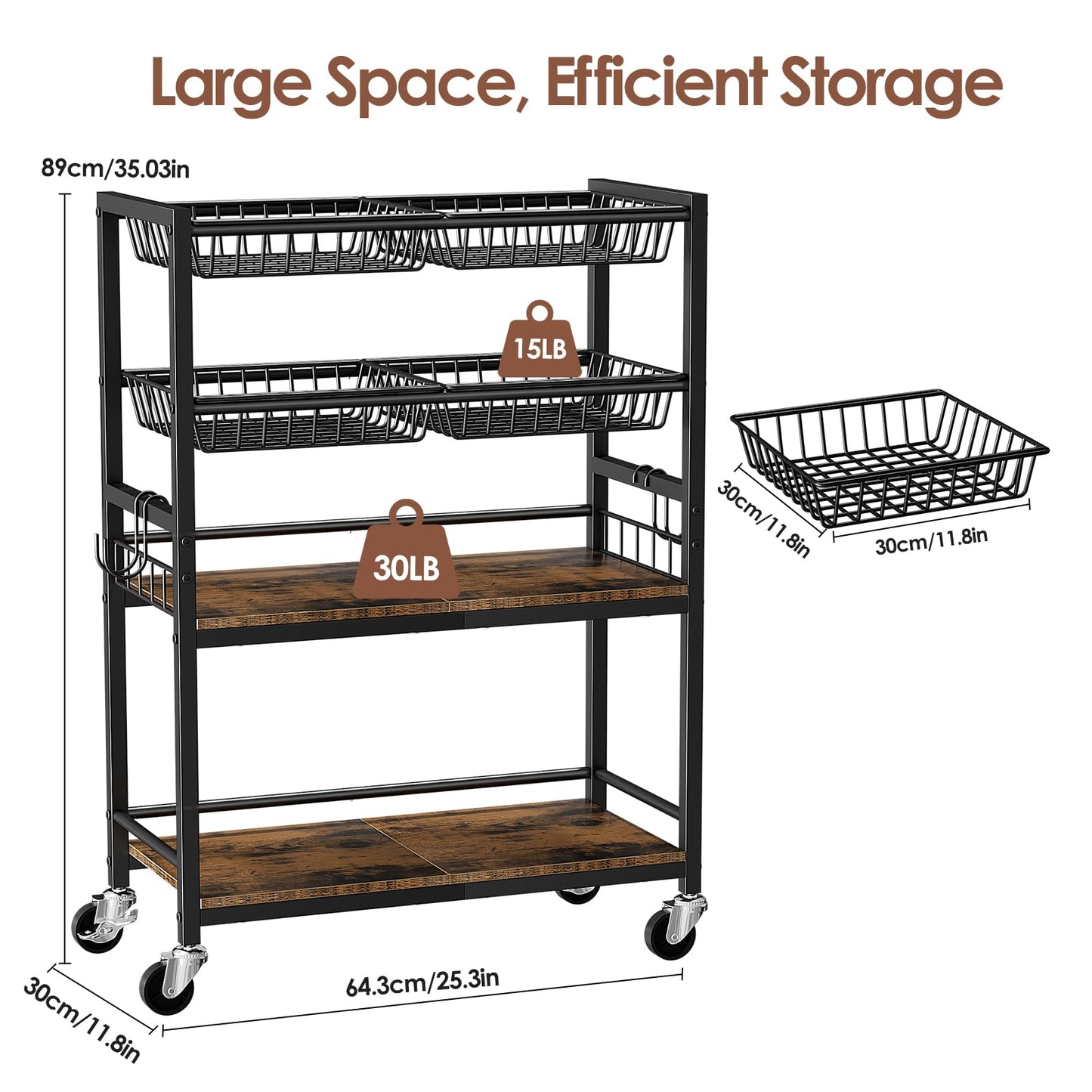 Kssiaz Fruit Vegetable Storage Cart, 4-Tier Rolling Kitchen Storage Cart, Fruit & Vegetables Basket Stand, Snack Organizer Shelf Unit for Kitchen, Bathroom, Living Room, Office, Balcony, Black