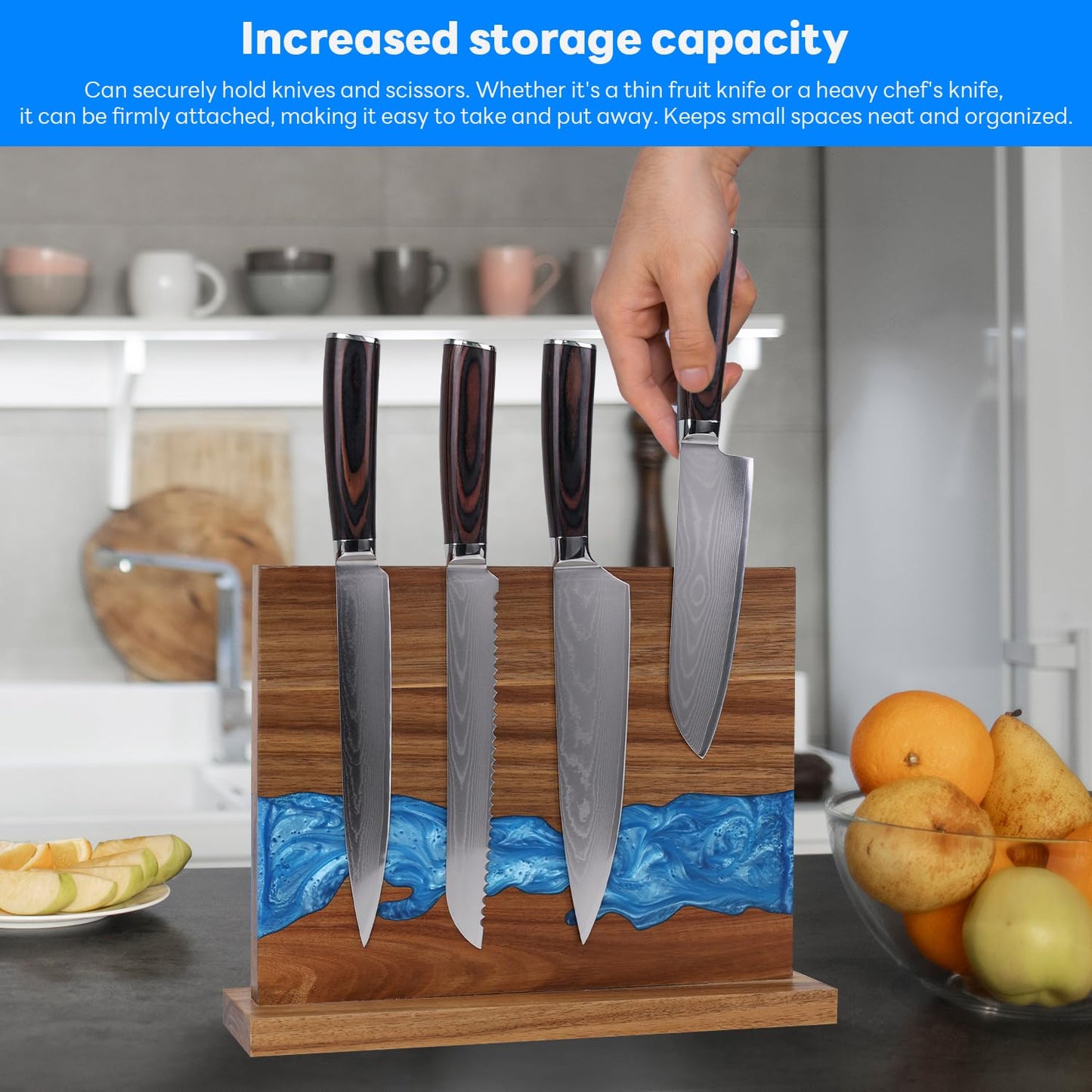 Ayiusideza Magnetic Knife Block | Double Sided Magnetic Knife Holder | Acacia Wood Magnetic Knife Rack | Magnetic Knife Storage Stand for Kitchen Counter, Blue Resin River, 12.59×9.84IN (No Knife)