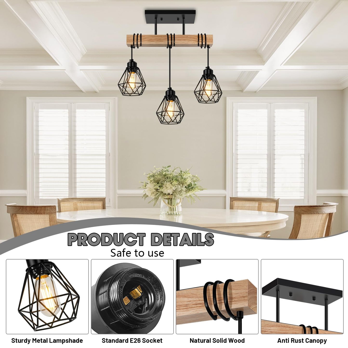 Feanron 3-Lights Farmhouse Dining Room Pendant Light Fixtures Over Table, Rustic Solid Wood Kitchen Island Lighting Hanging with Metal Shades, Modern Black Ceiling Pendant Lamp for Living Room Hallway